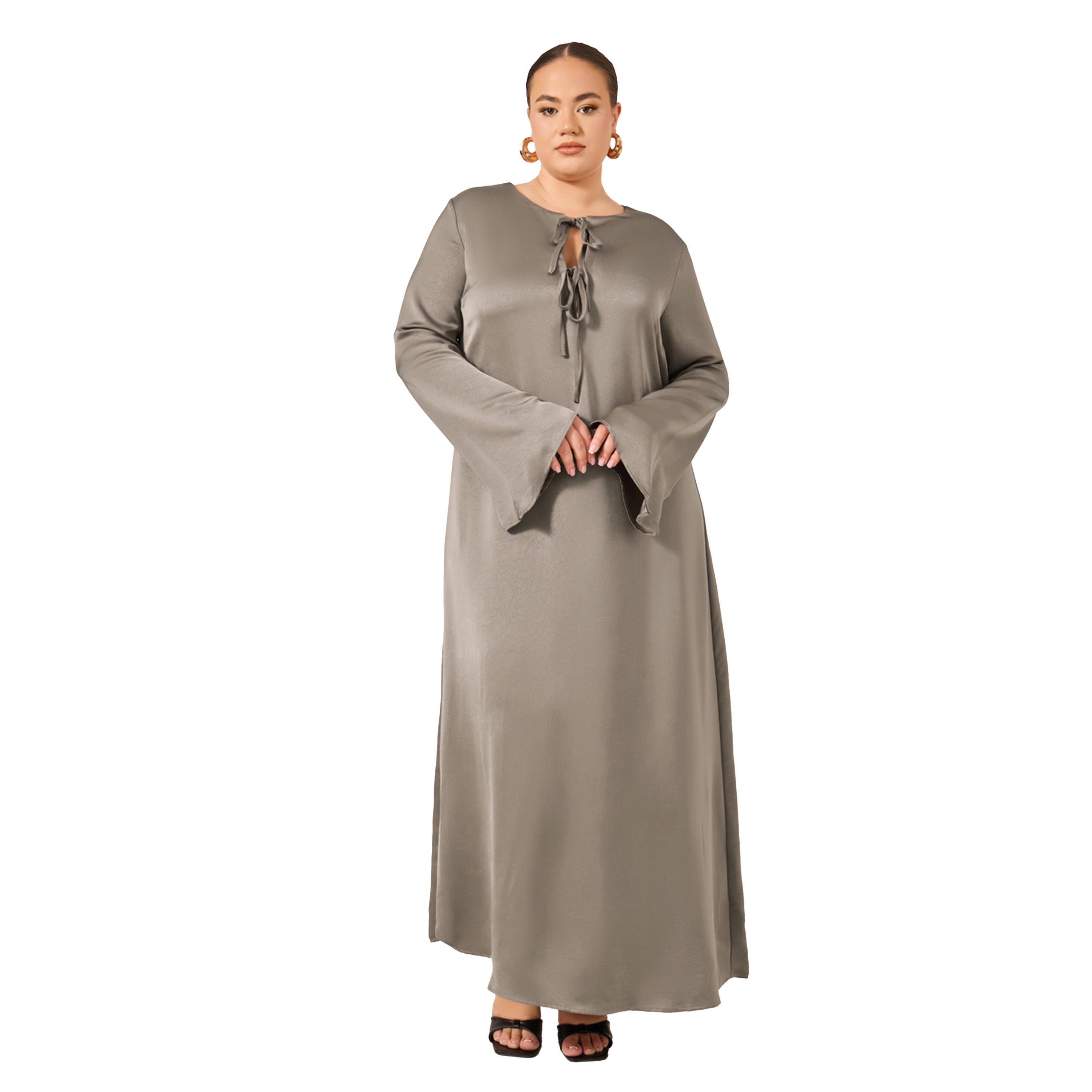 Styli Plus Size Textured Tie-Up Neck A-Line Maxi Dress-women-clothing-dresses-image-2