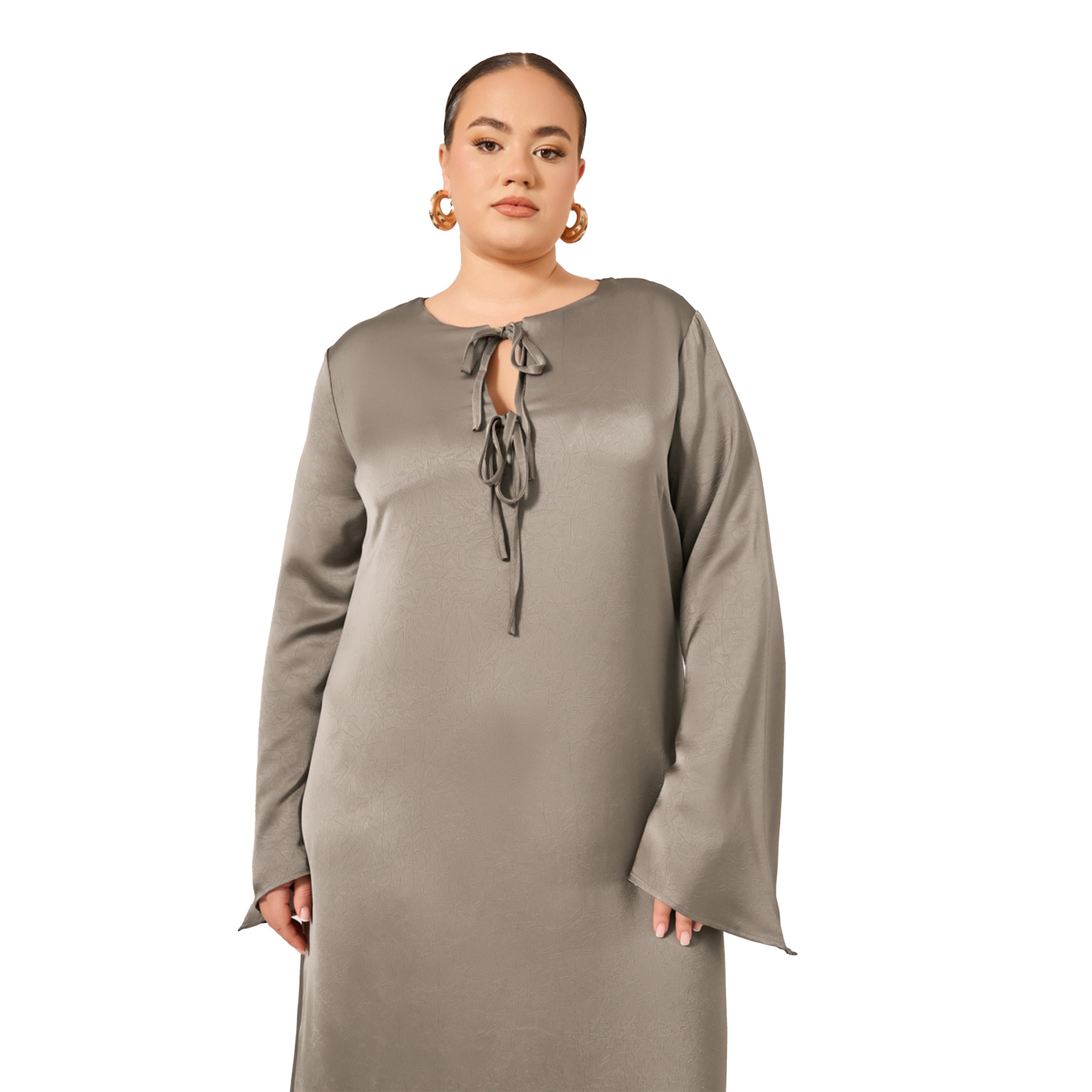Styli Plus Size Textured Tie-Up Neck A-Line Maxi Dress-women-clothing-dresses-image-3
