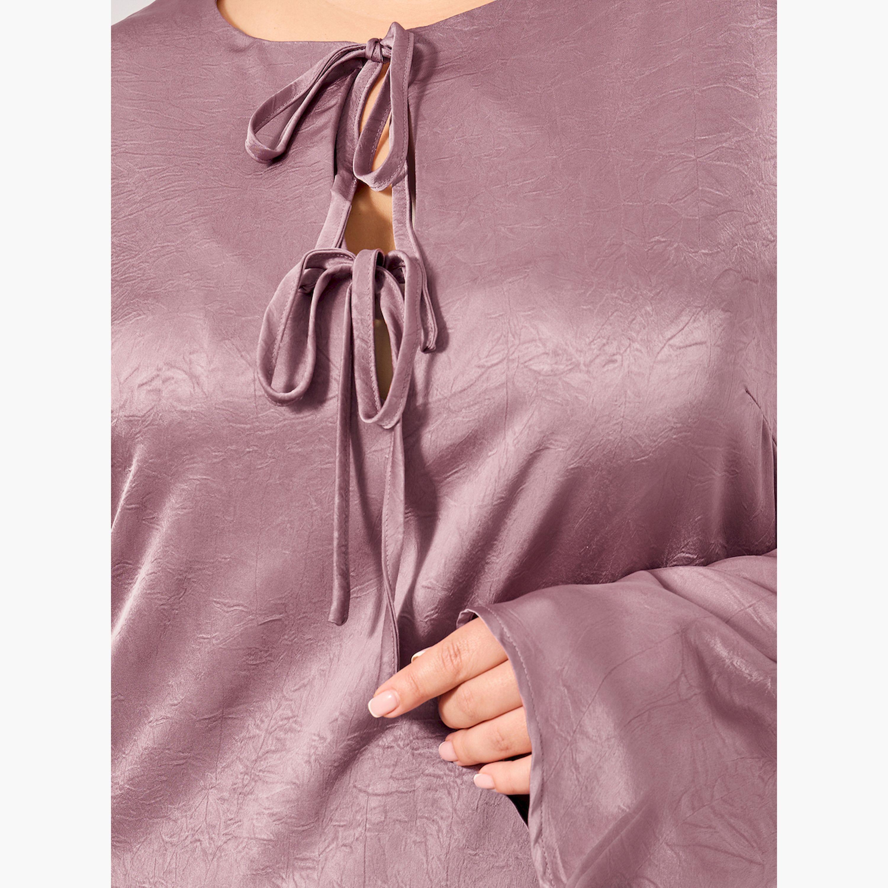 Styli Plus Size Textured Tie-Up Neck A-Line Maxi Dress-women-clothing-dresses-image-4