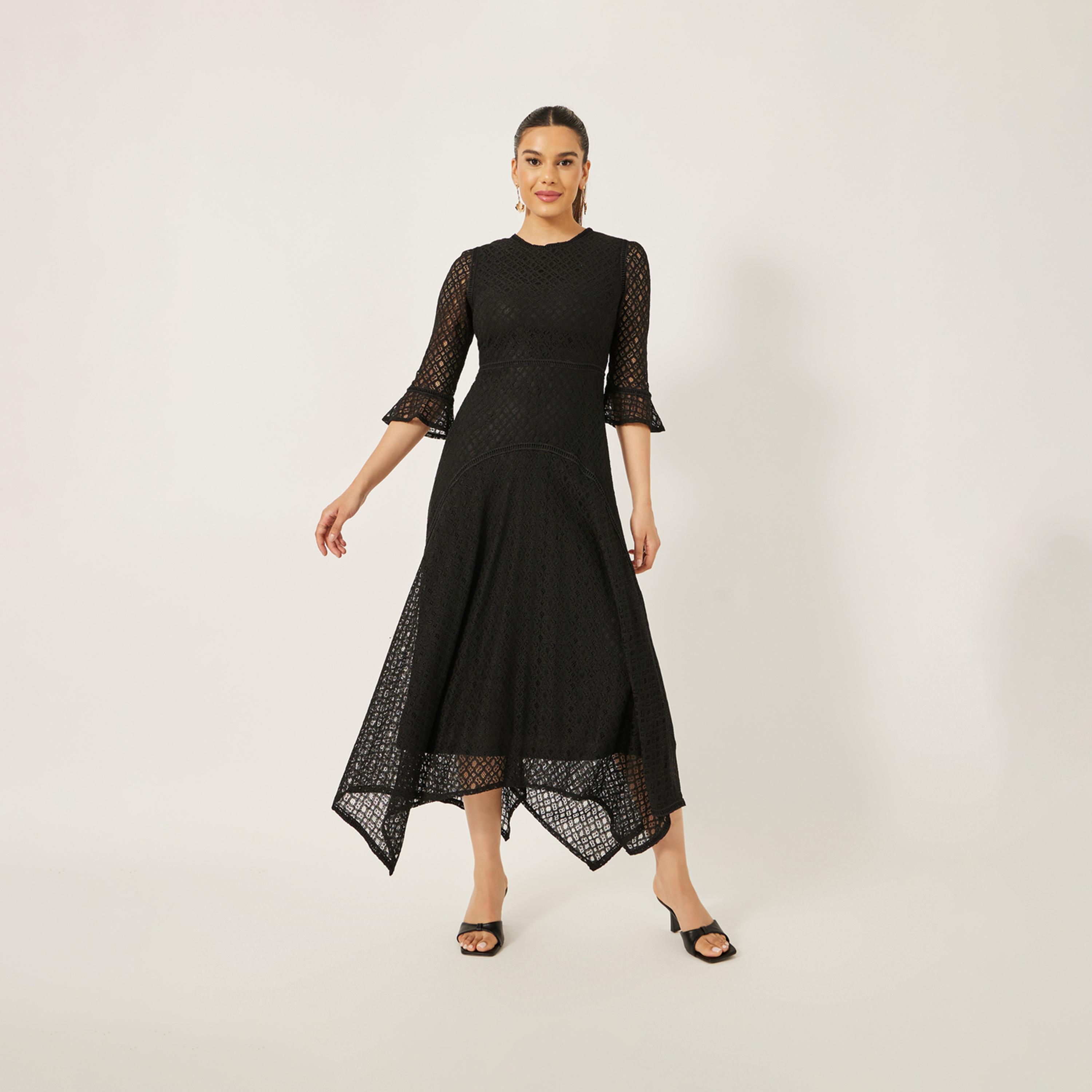 ستايلي - فستان ميدي بقصة A مع أكمام مكشكشة وحاشية غير متماثلة ودانتيل-women-clothing-dresses-image-1
