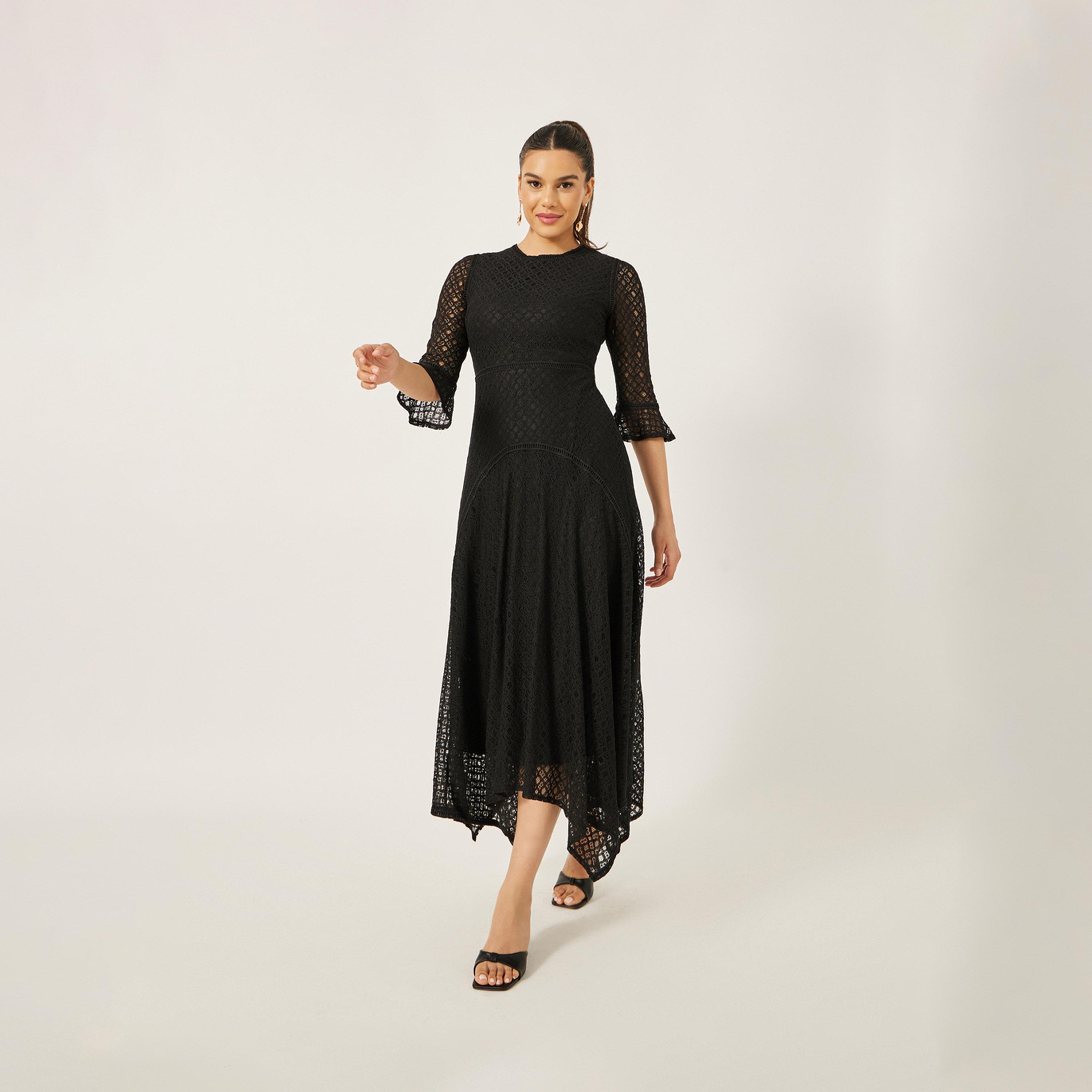 ستايلي - فستان ميدي بقصة A مع أكمام مكشكشة وحاشية غير متماثلة ودانتيل-women-clothing-dresses-image-2