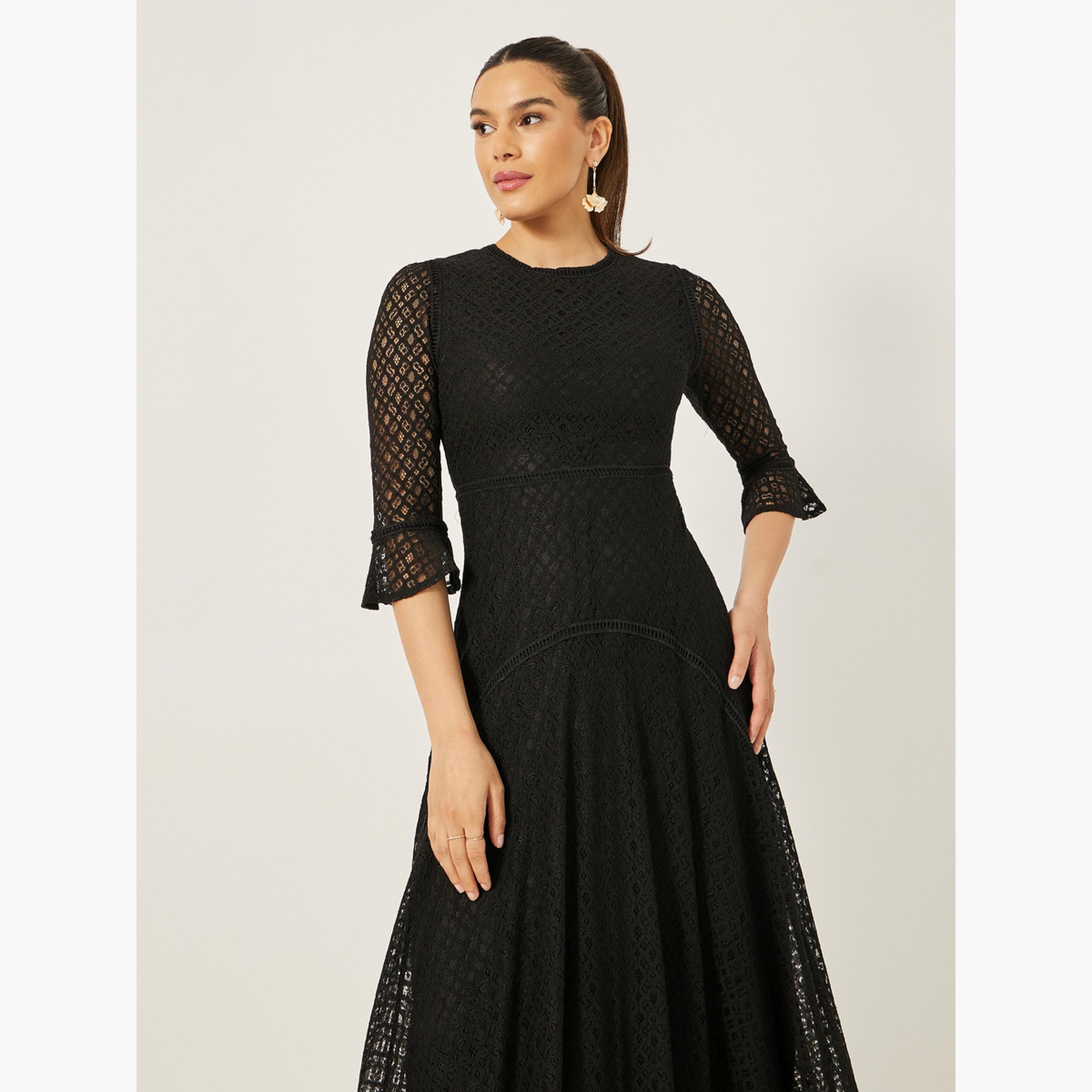 ستايلي - فستان ميدي بقصة A مع أكمام مكشكشة وحاشية غير متماثلة ودانتيل-women-clothing-dresses-image-3