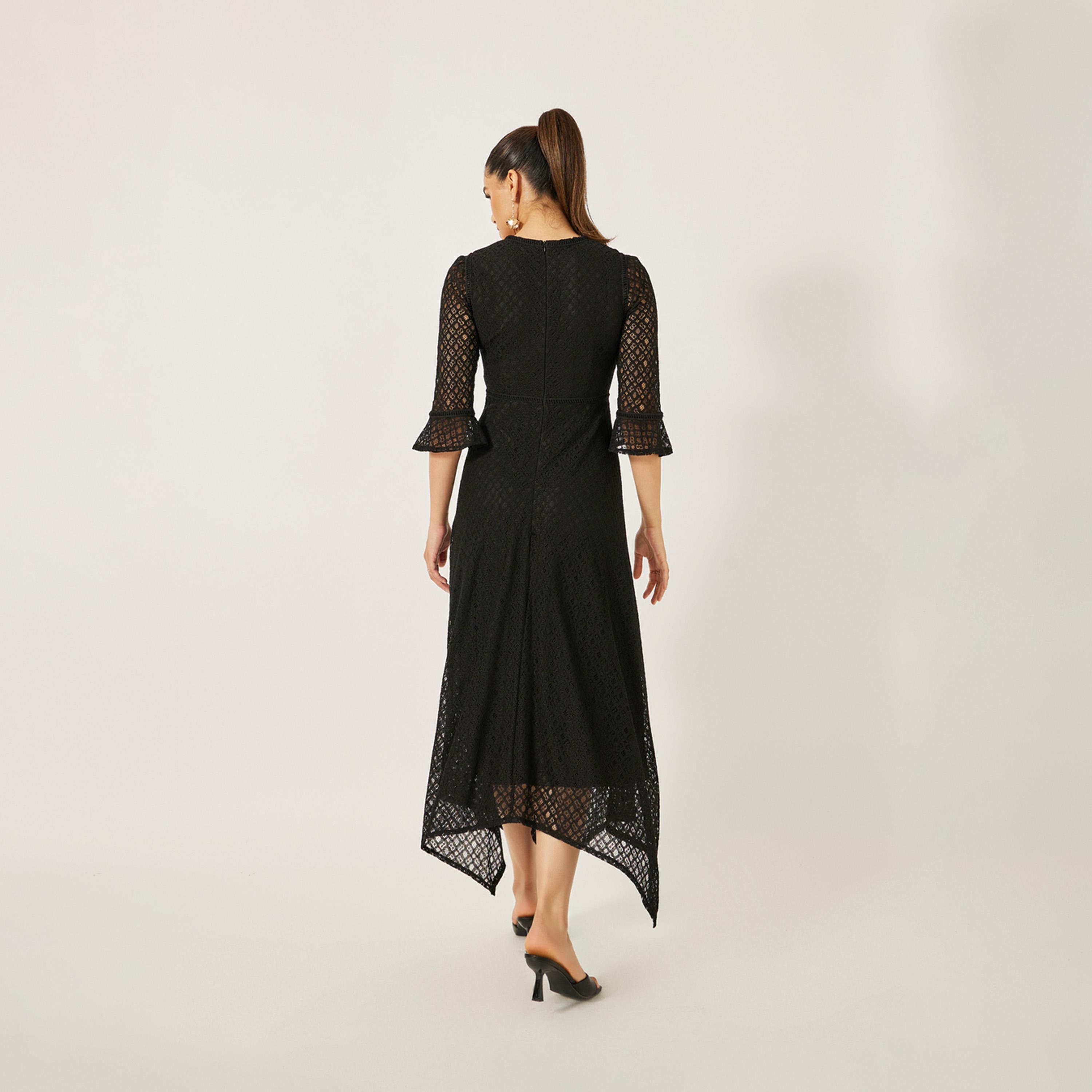 ستايلي - فستان ميدي بقصة A مع أكمام مكشكشة وحاشية غير متماثلة ودانتيل-women-clothing-dresses-image-5