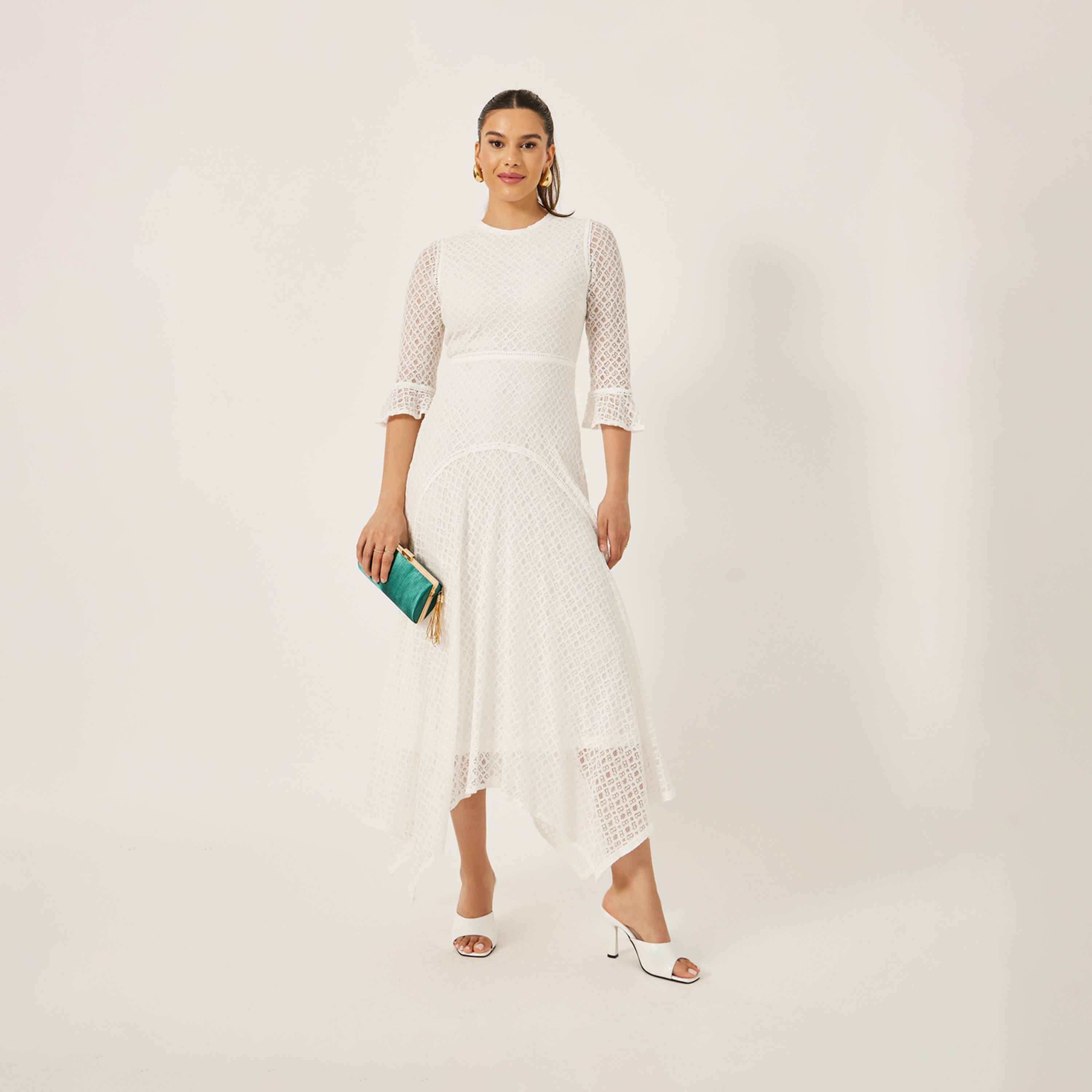 Styli Lace Insert Ruffle Sleeve Asymmetric Hem A-Line Midi Dress-women-clothing-dresses-image-2