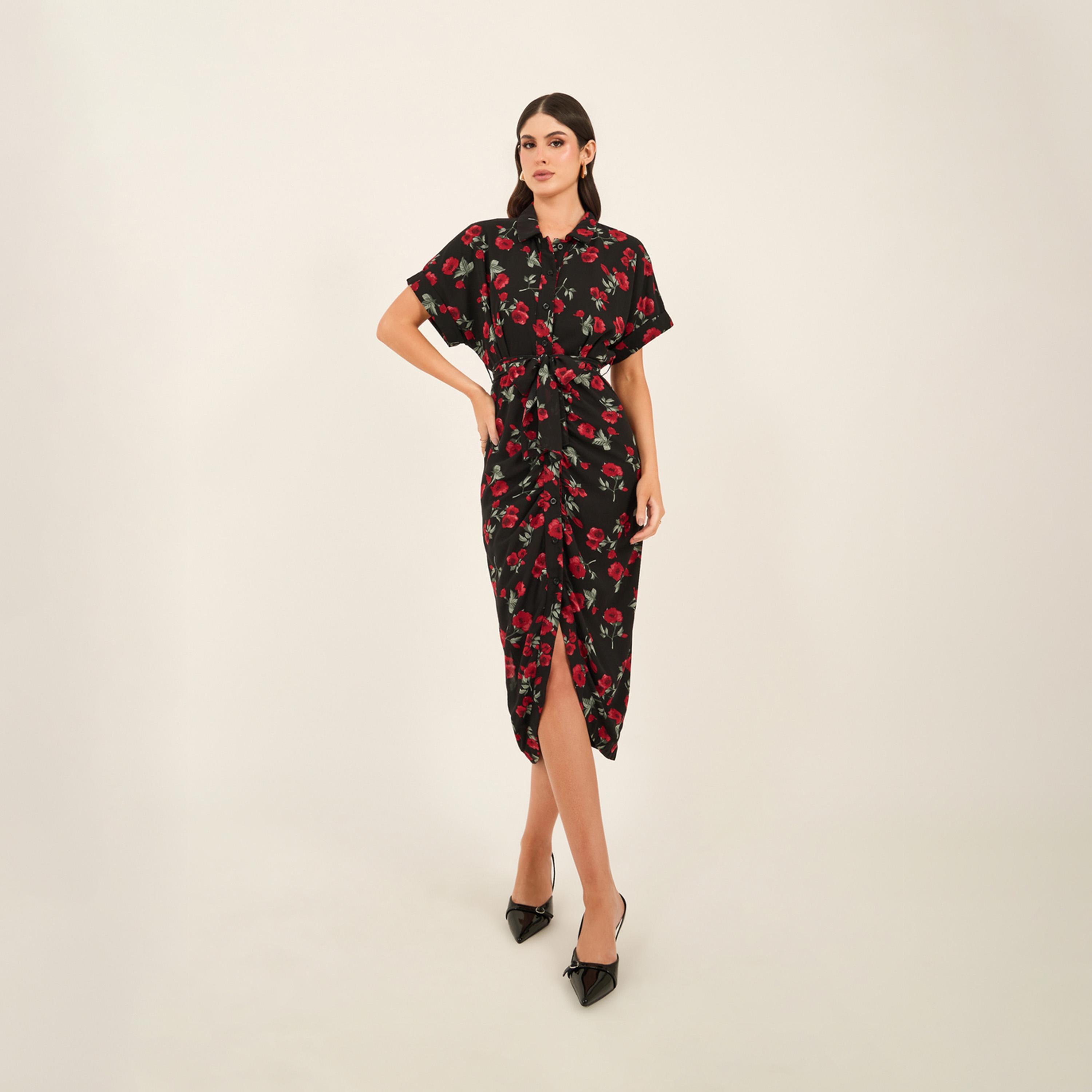 ستايلي - فستان متوسط الطول بطبعة زهور مع ياقة قميص-women-clothing-dresses-image-1