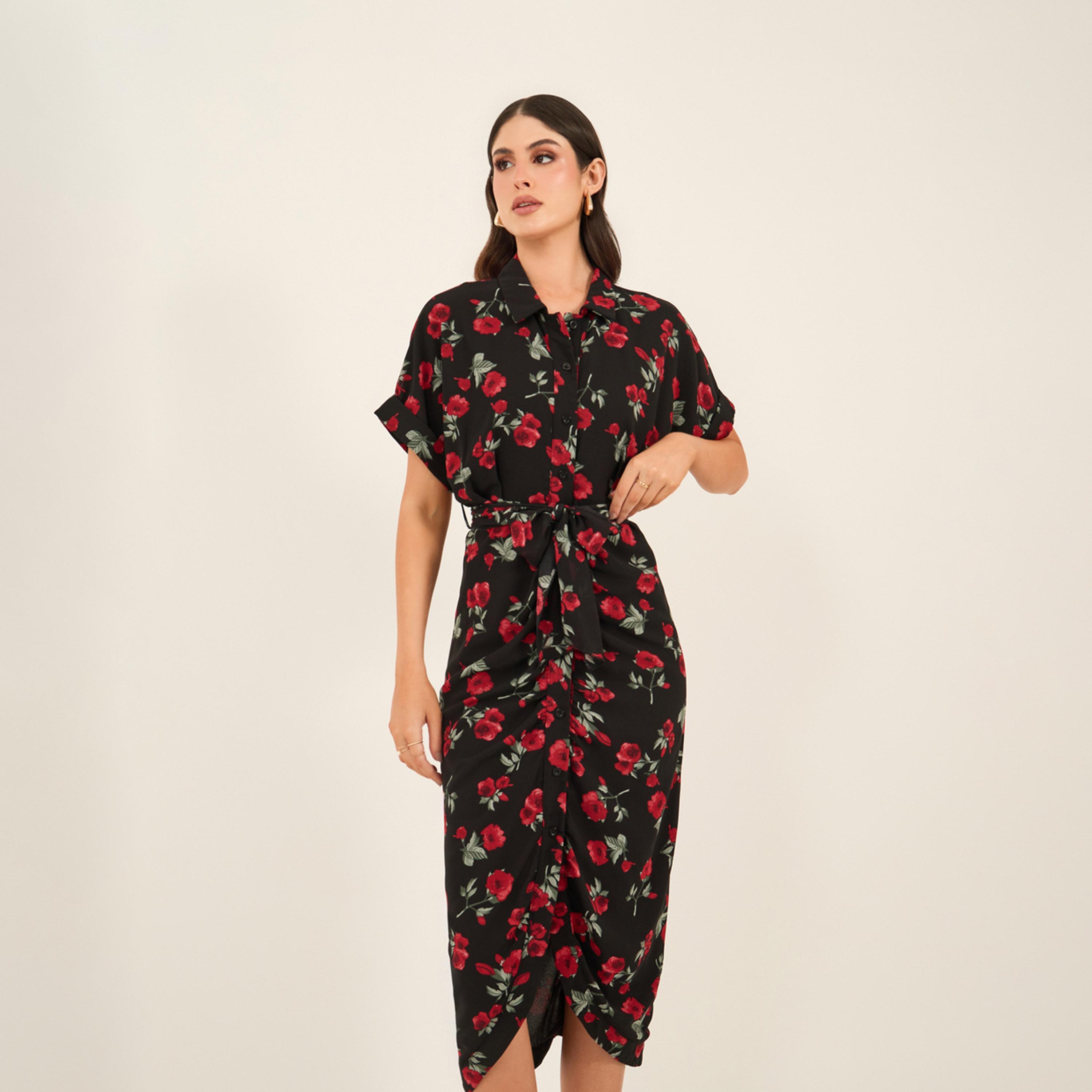 ستايلي - فستان متوسط الطول بطبعة زهور مع ياقة قميص-women-clothing-dresses-image-3