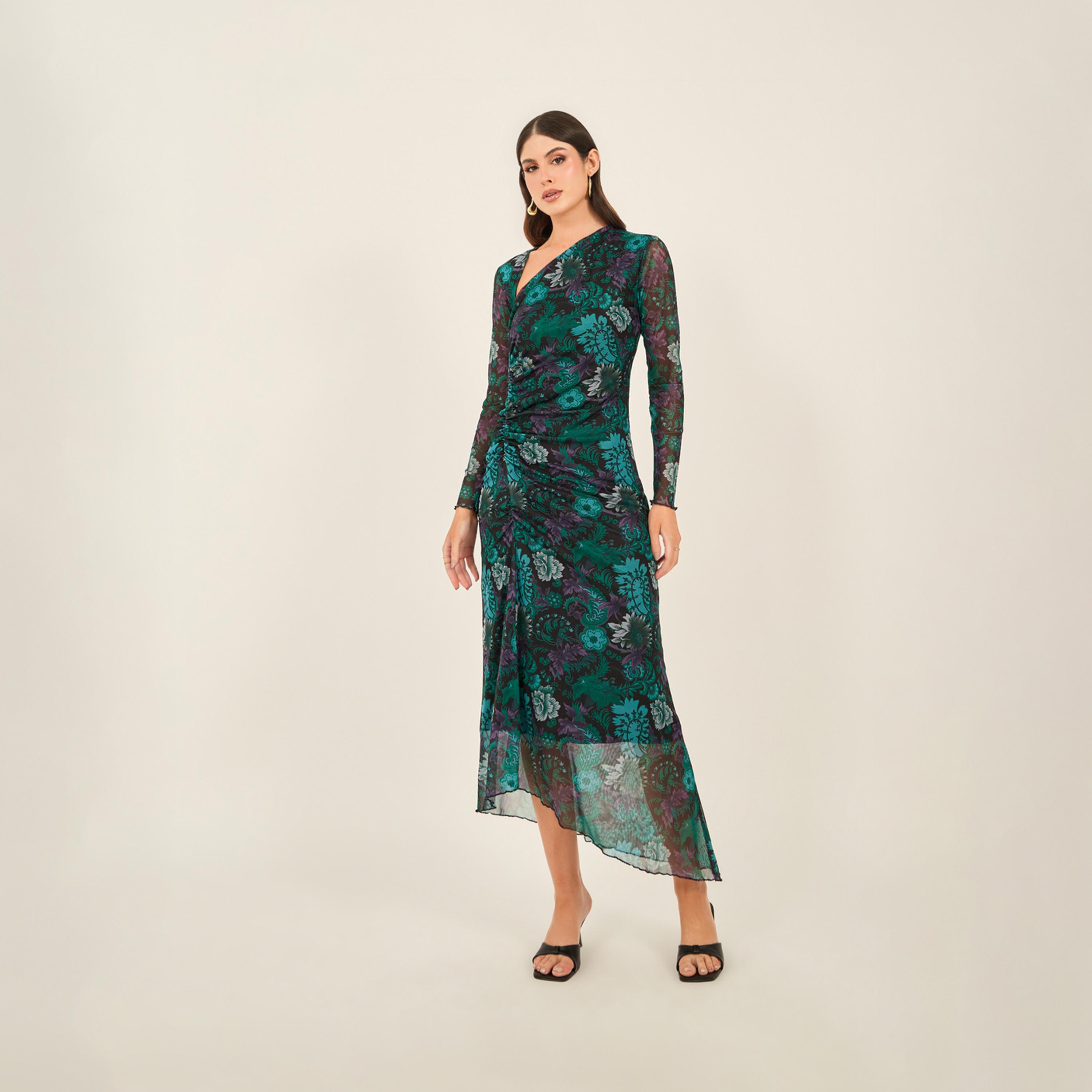 Styli Print Gathered Detail Long Sleeves Bodycon Maxi Dress-women-clothing-dresses-image-2
