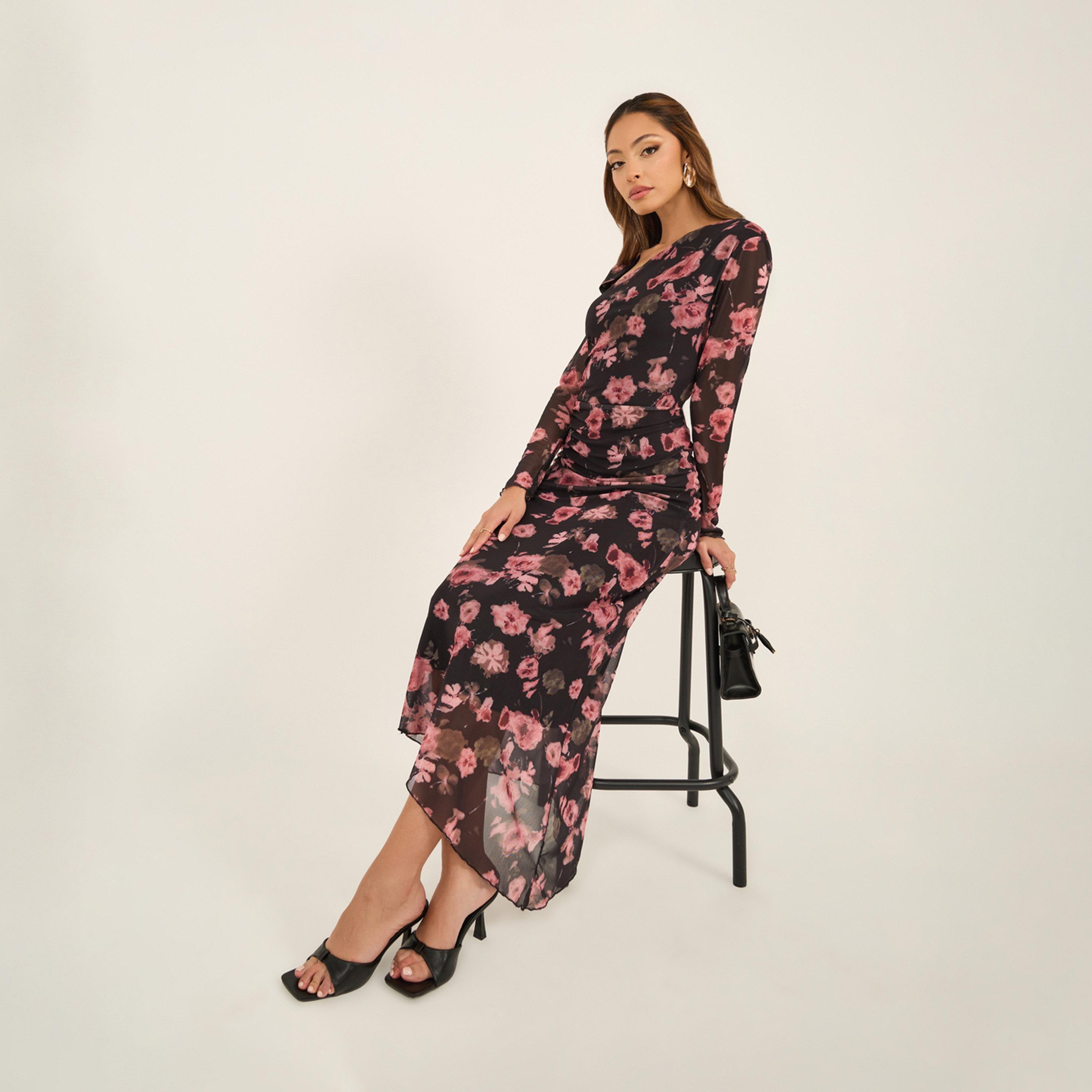 Styli All-Over Floral Print Gathered Detail Bodycon Maxi Dress-women-clothing-dresses-image-1