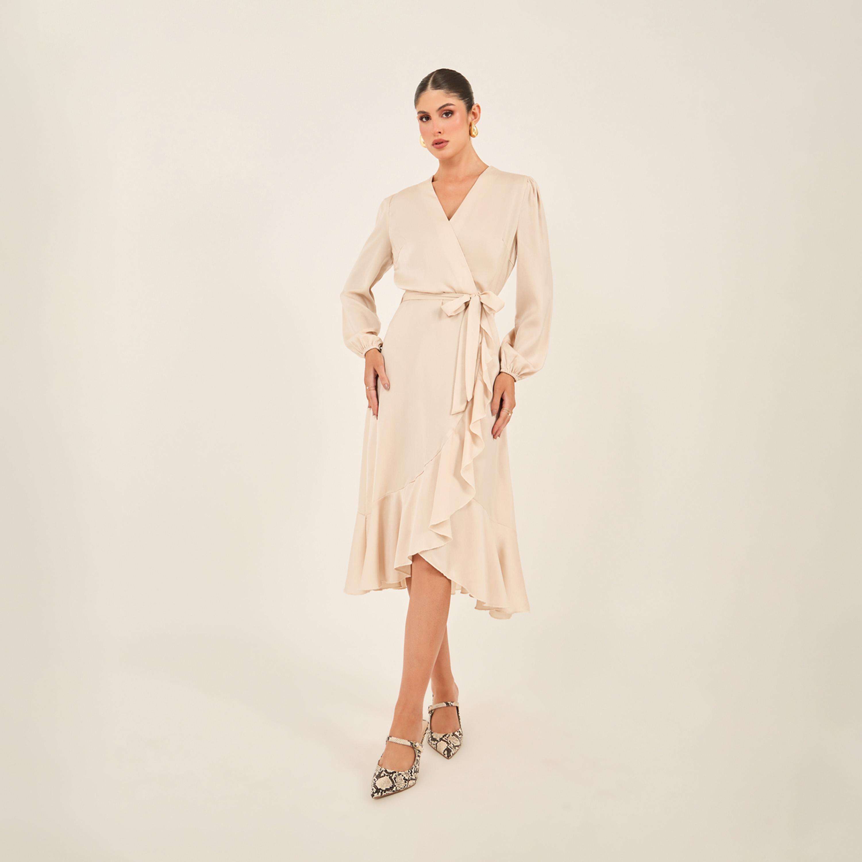 Styli Plain Long Sleeves Wrap Midi Dress-women-clothing-dresses-image-1