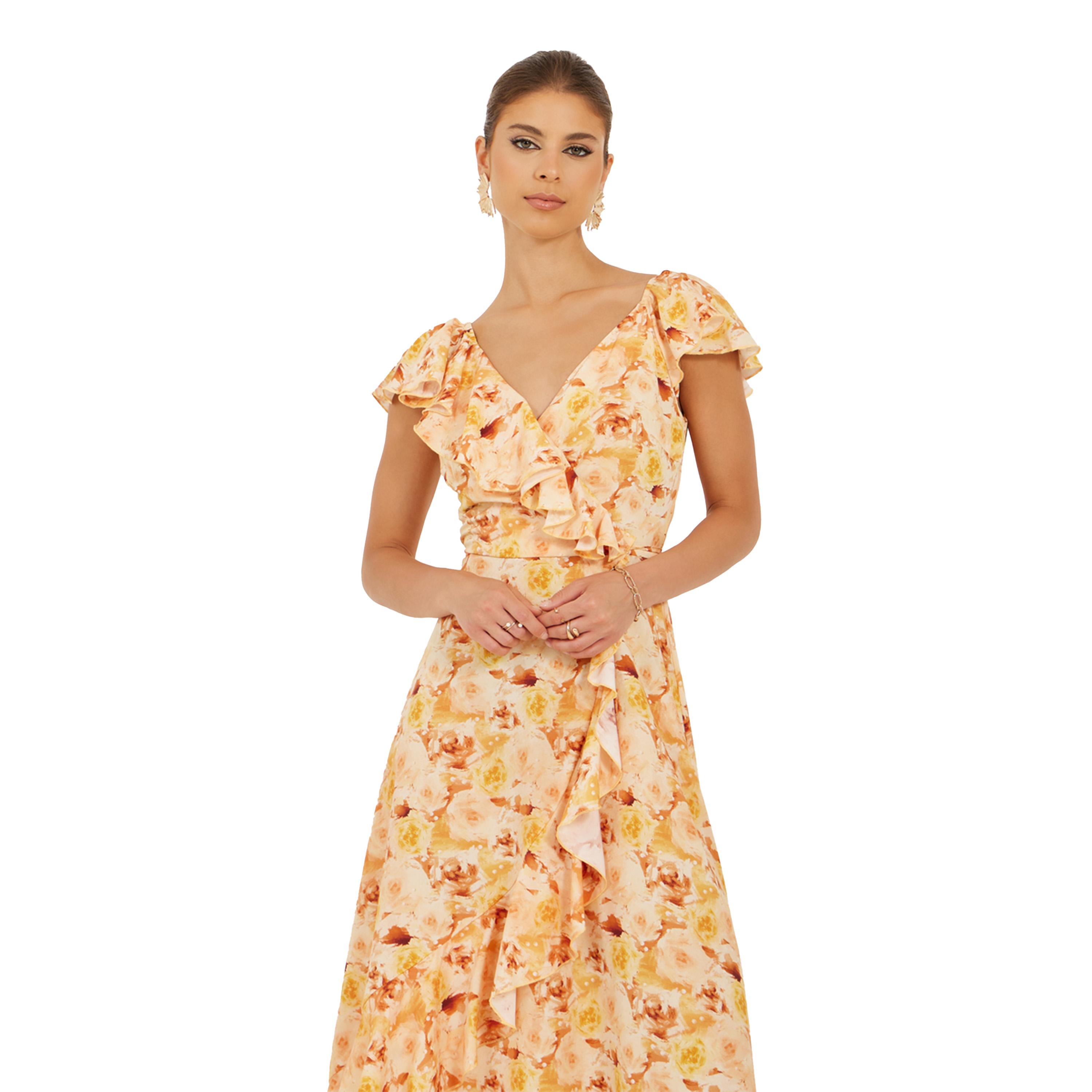 ستايلي - فستان ماكسي ملفوف بطبعة زهور كاملة مع تفاصيل كشكشة-women-clothing-dresses-image-3