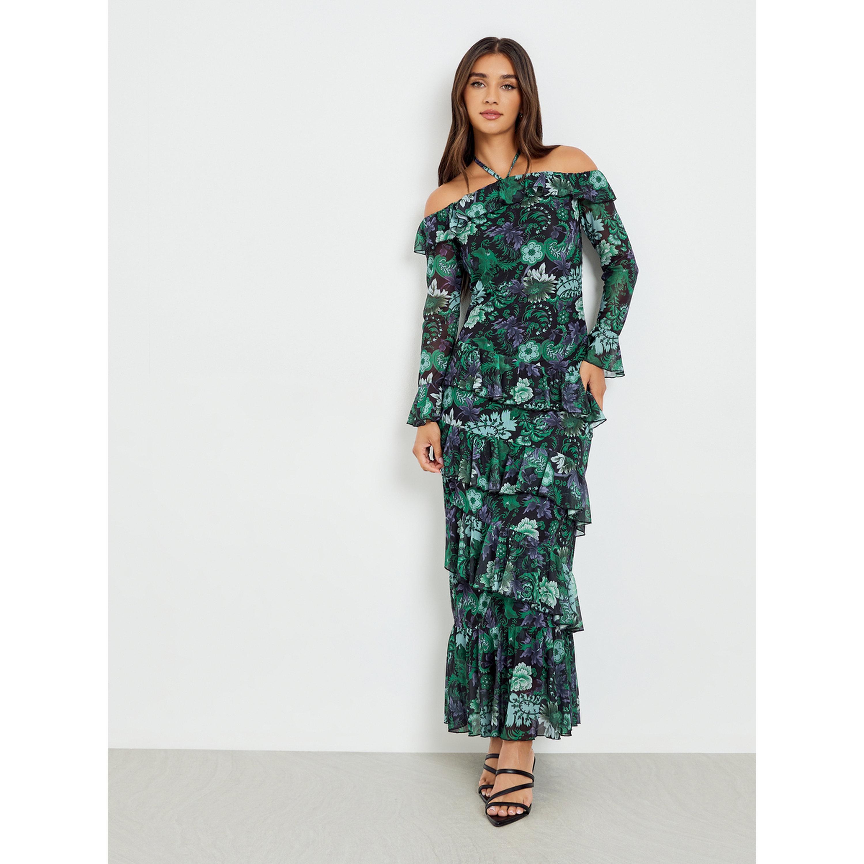 Styli Women Green Printed Ruffle Detail Maxi Dress-women-clothing-dresses-image-1