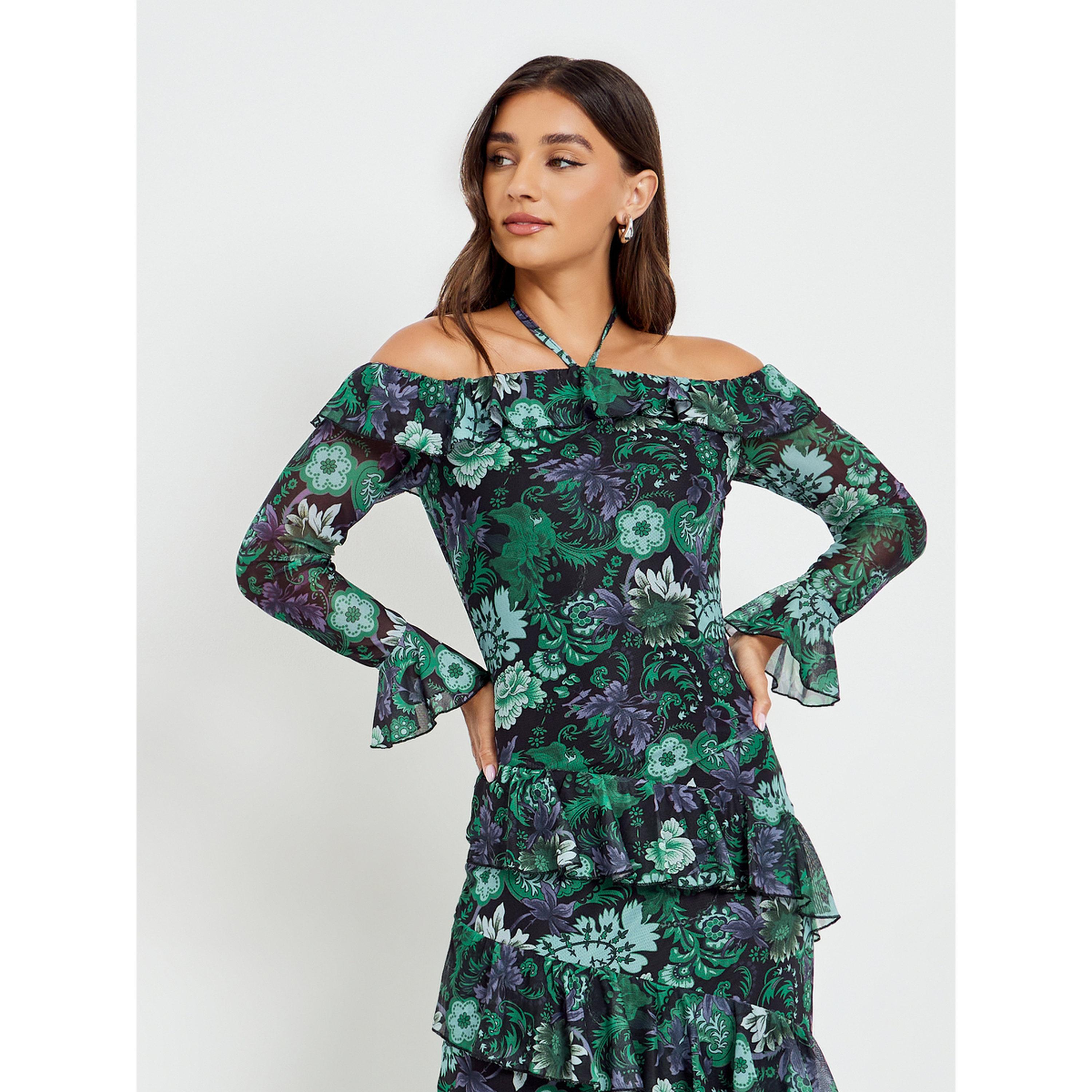 Styli Women Green Printed Ruffle Detail Maxi Dress-women-clothing-dresses-image-2