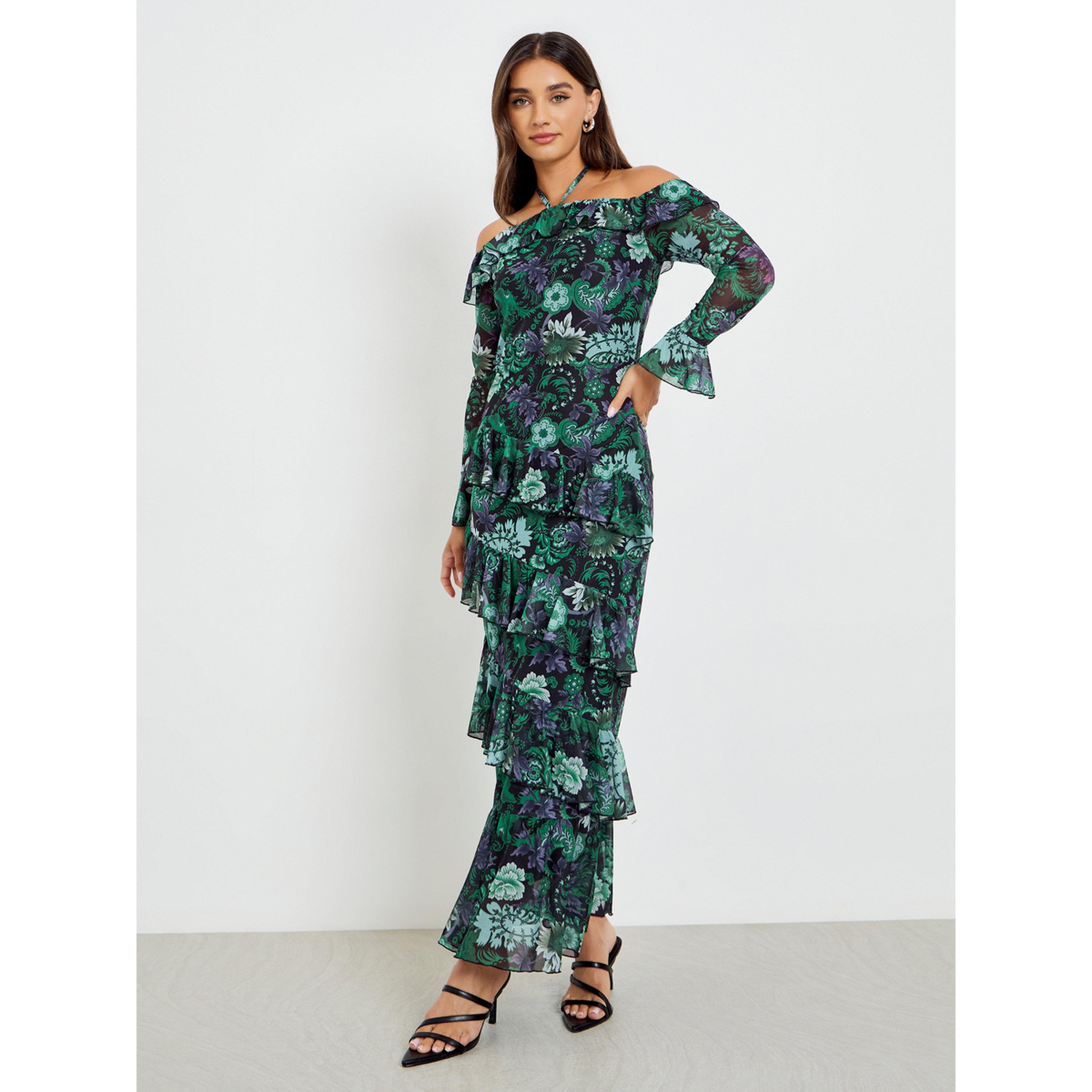Styli Women Green Printed Ruffle Detail Maxi Dress-women-clothing-dresses-image-3