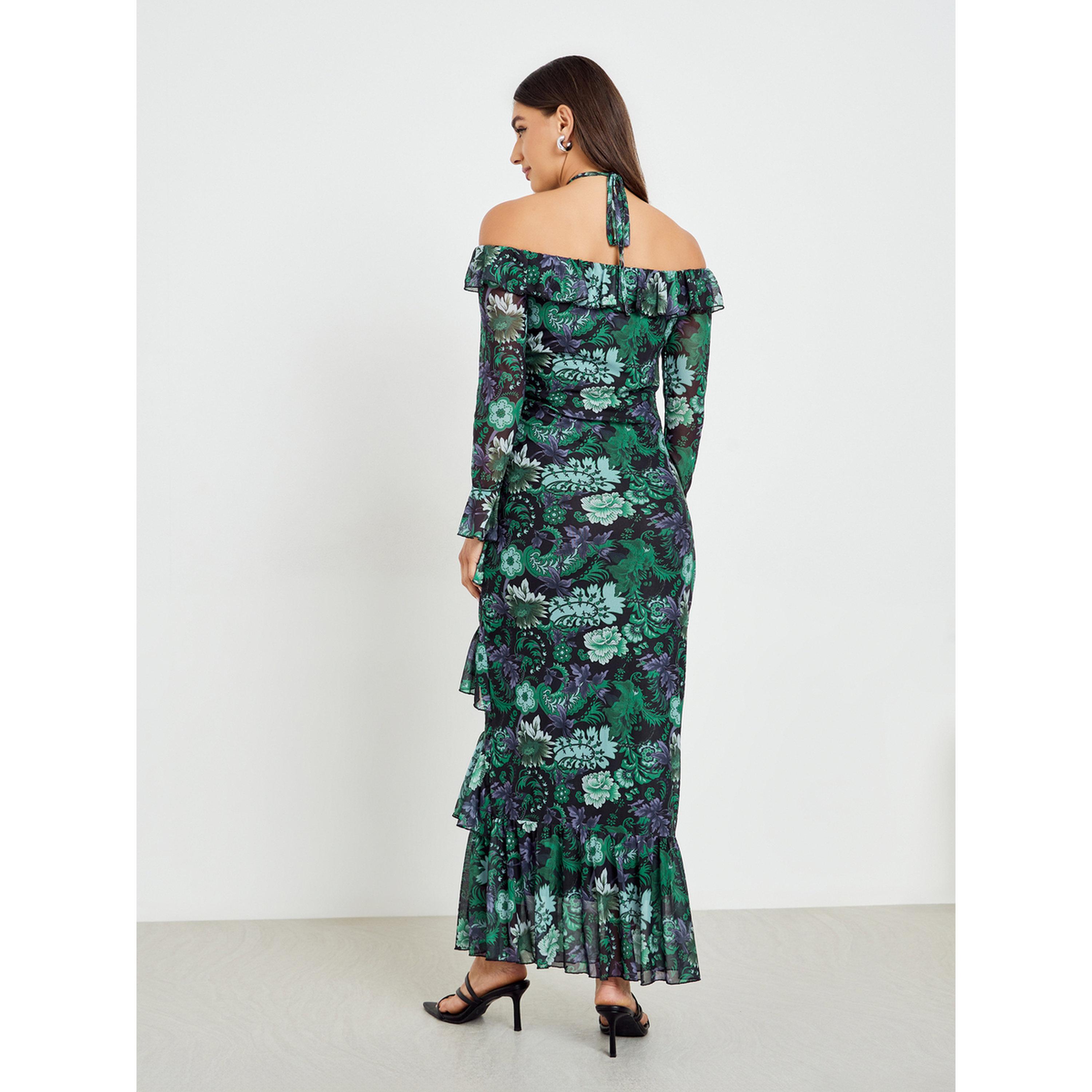 Styli Women Green Printed Ruffle Detail Maxi Dress-women-clothing-dresses-image-4