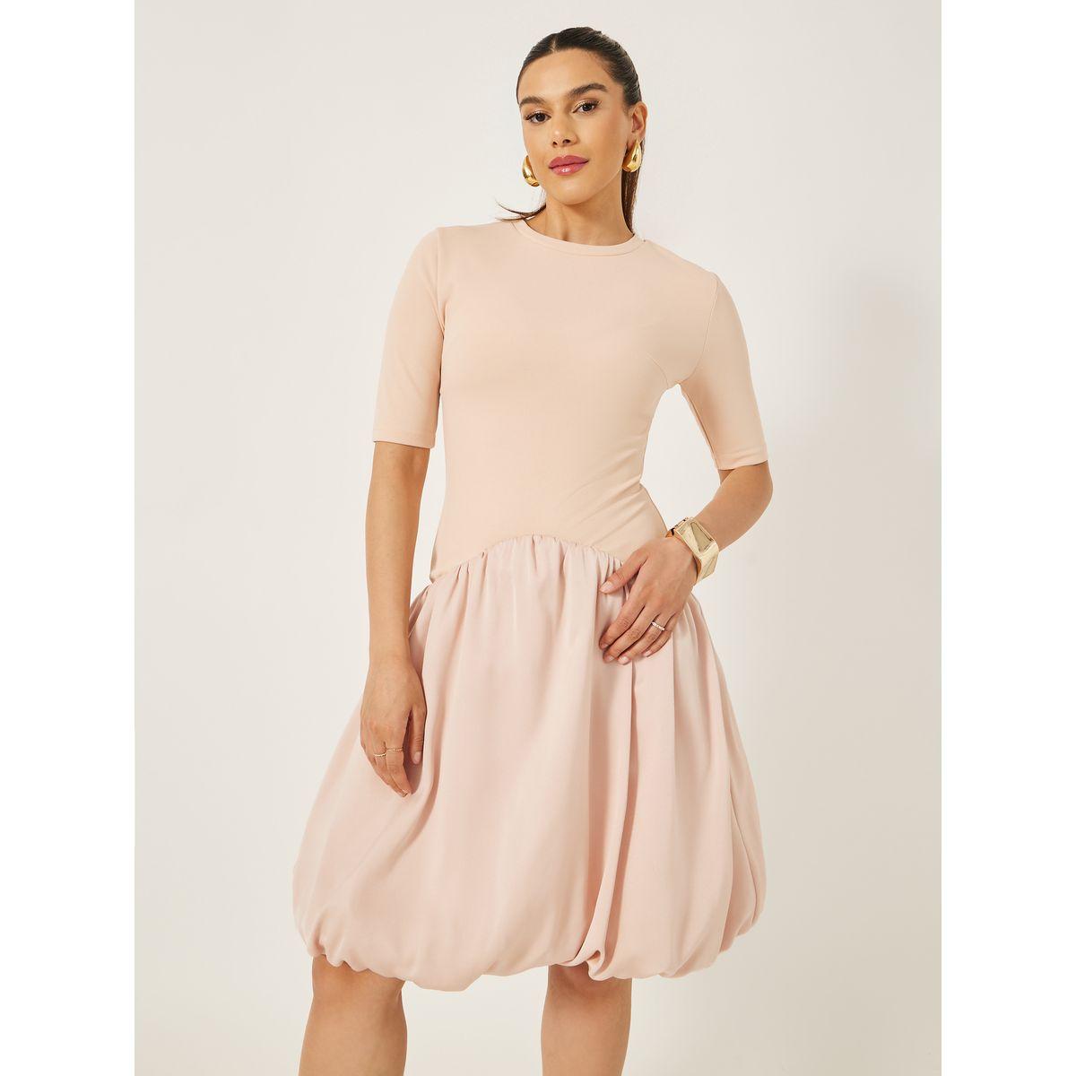 Styli Round Neck Balloon Hem A-Line Knee-Length Dress-women-clothing-dresses-image-1