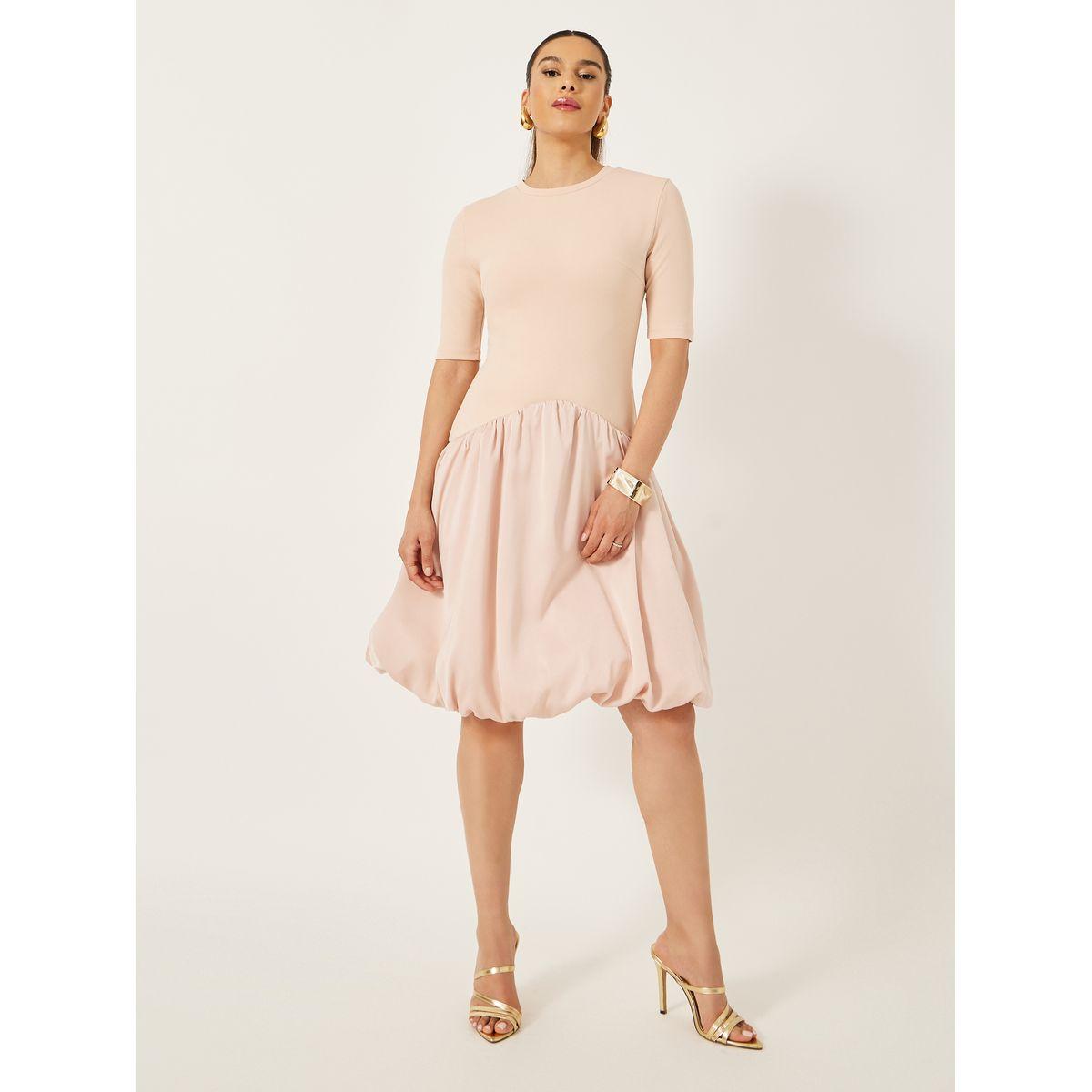 Styli Round Neck Balloon Hem A-Line Knee-Length Dress-women-clothing-dresses-image-2
