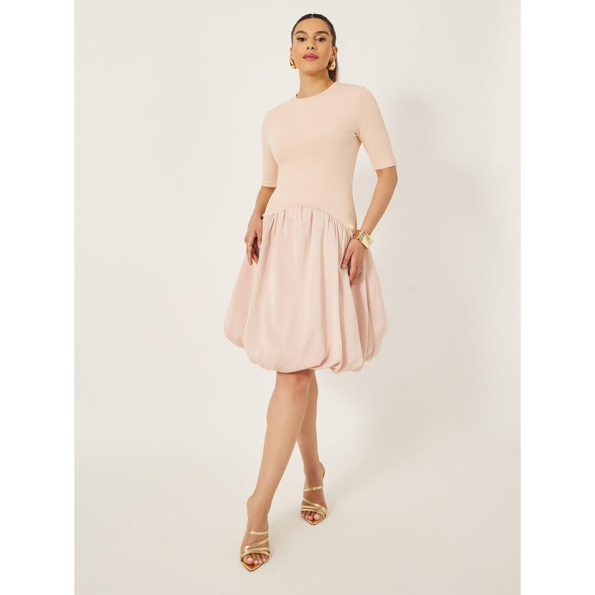 Styli Round Neck Balloon Hem A-Line Knee-Length Dress-women-clothing-dresses-image-3