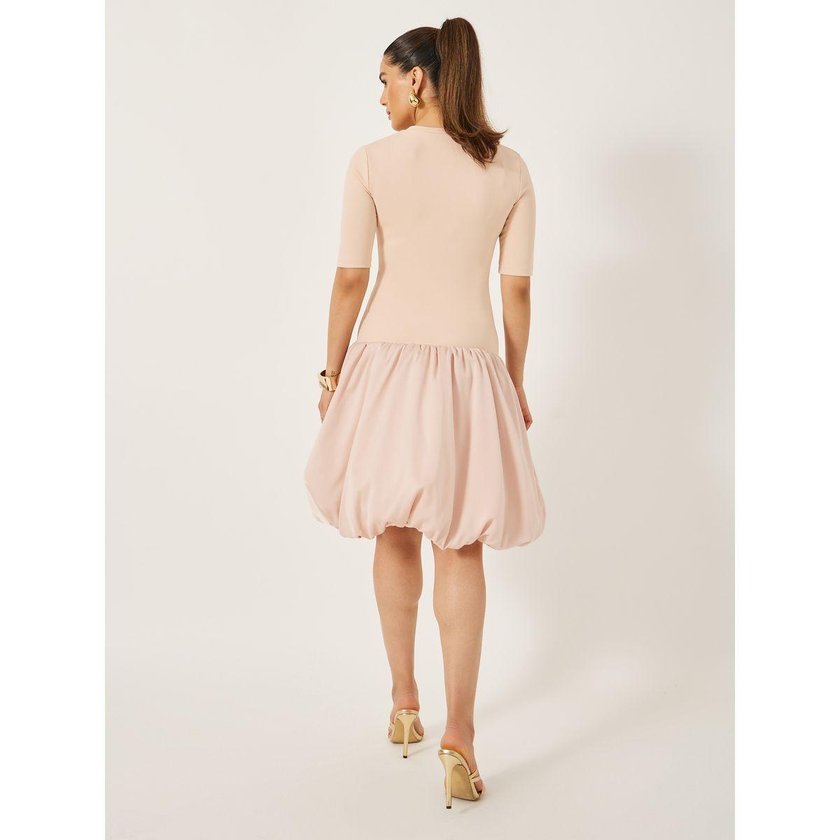 Styli Round Neck Balloon Hem A-Line Knee-Length Dress-women-clothing-dresses-image-5