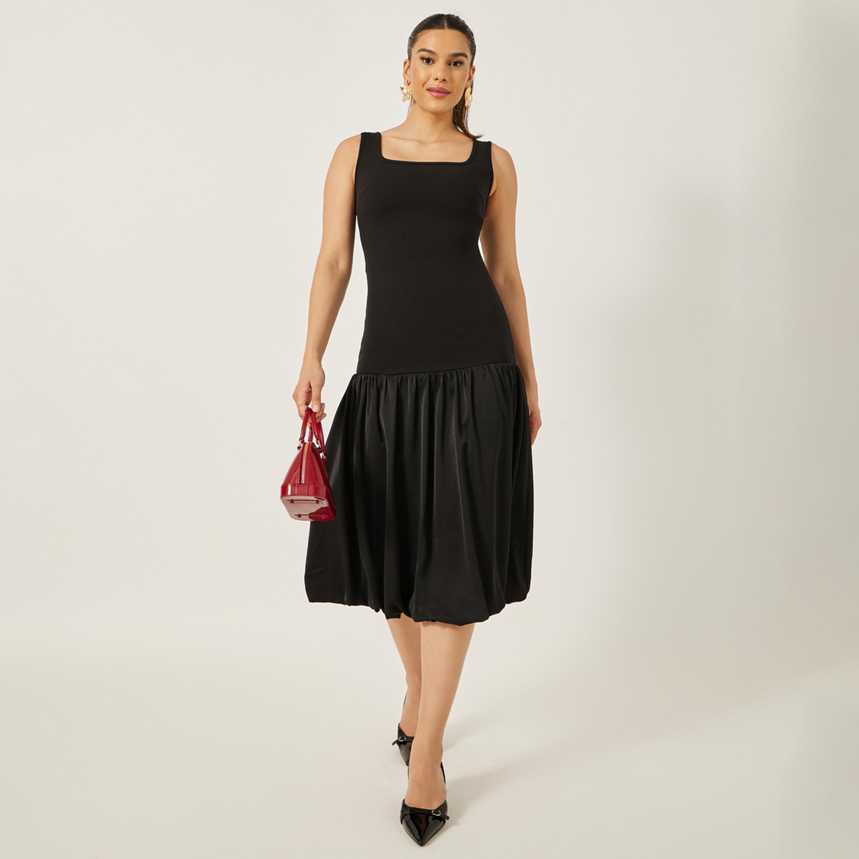 ستايلي - فستان ميدي سادة بدون أكمام بخصر منخفض وقصة A-women-clothing-dresses-image-2