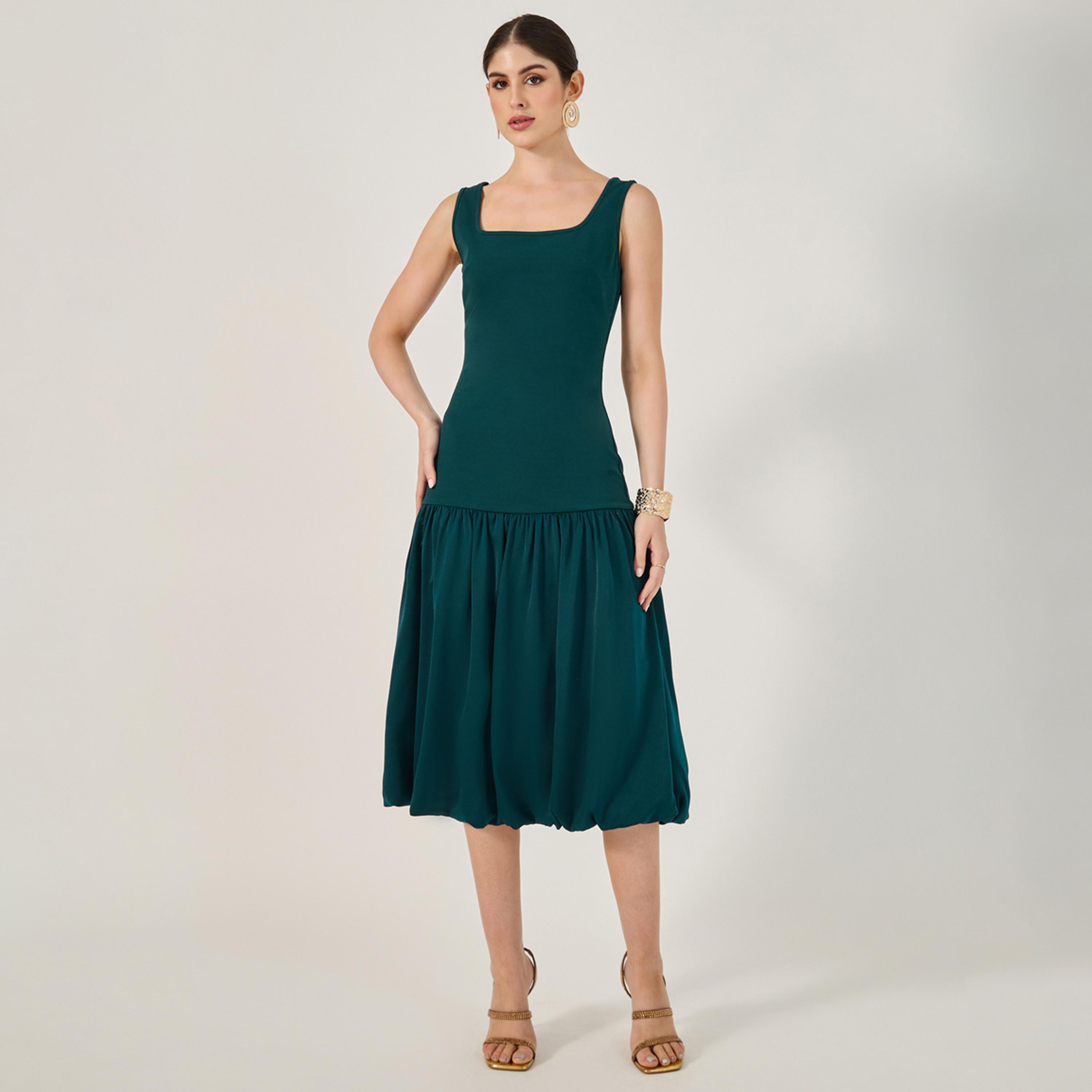 ستايلي - فستان ميدي بدون أكمام برقبة مربعة وخصر منخفض وقصة A-women-clothing-dresses-image-2
