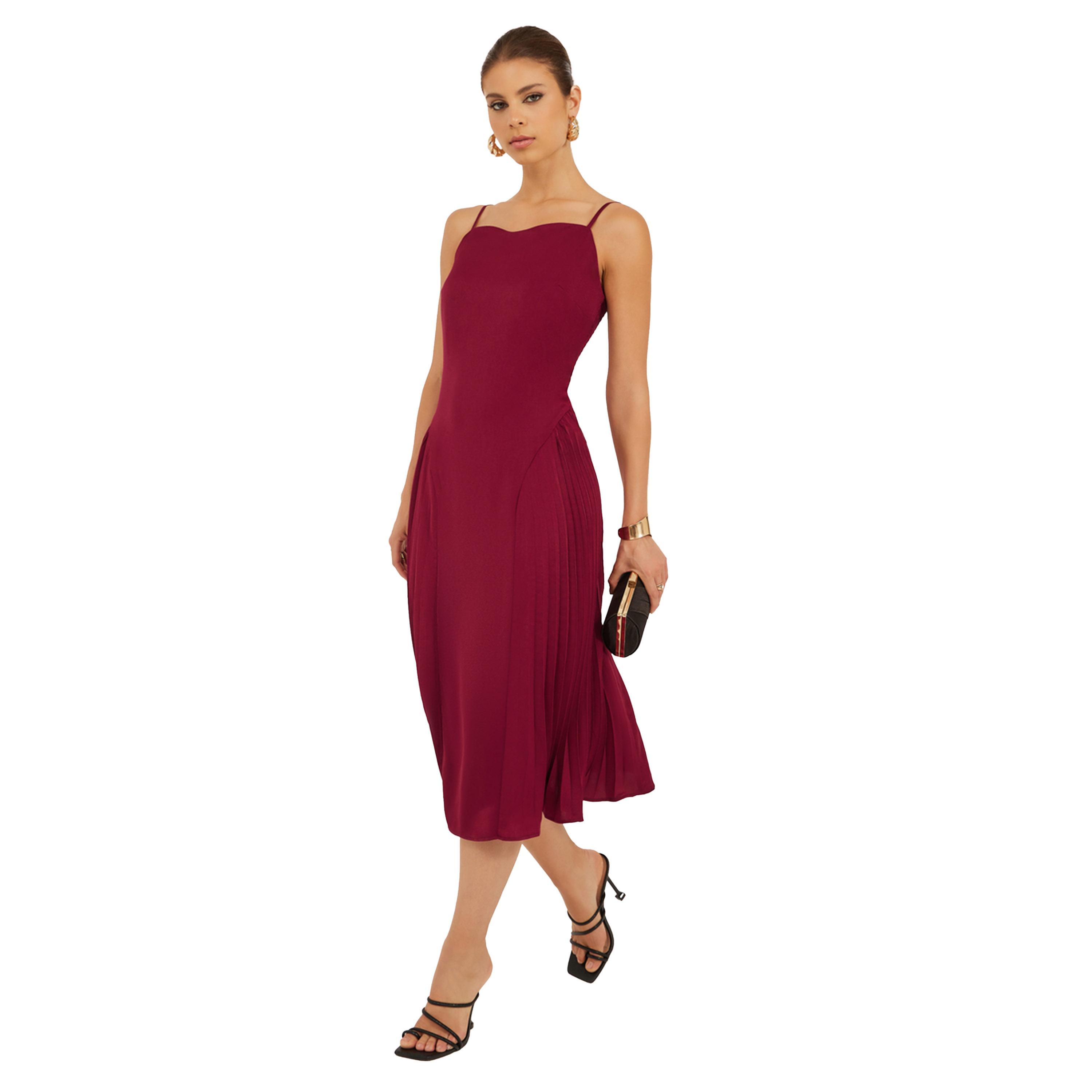 ستايلي - فستان متوسط الطول بقصة A وحمالات وكسرات-women-clothing-dresses-image-1