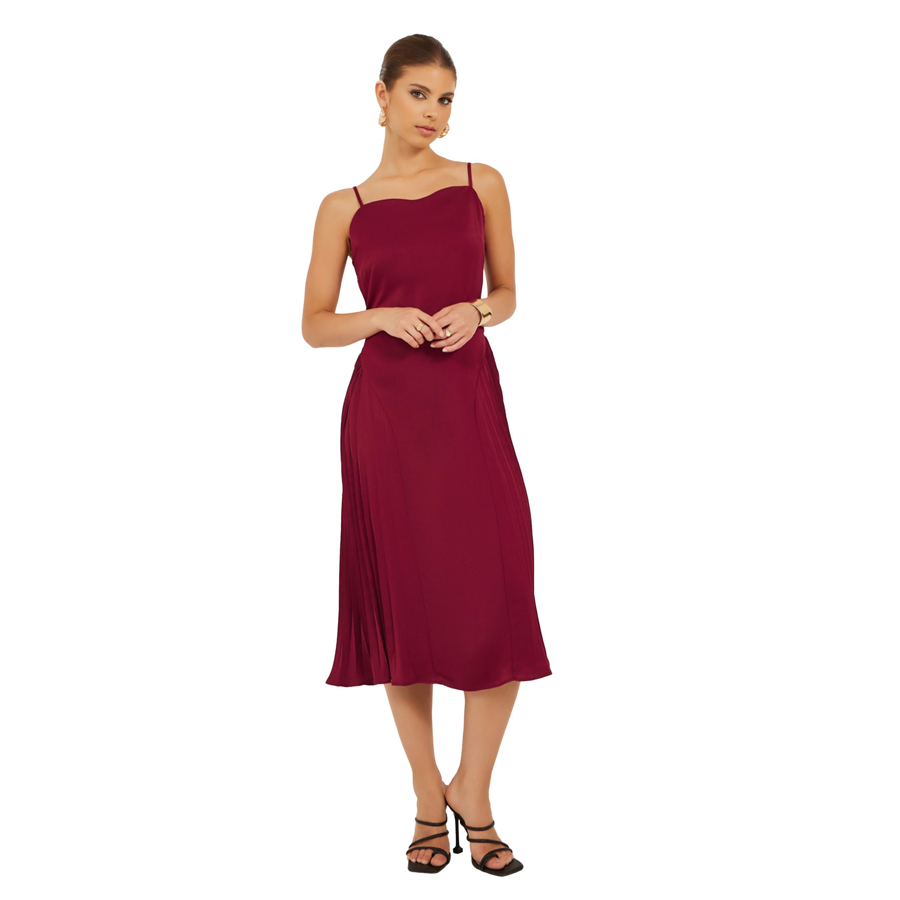 ستايلي - فستان متوسط الطول بقصة A وحمالات وكسرات-women-clothing-dresses-image-2