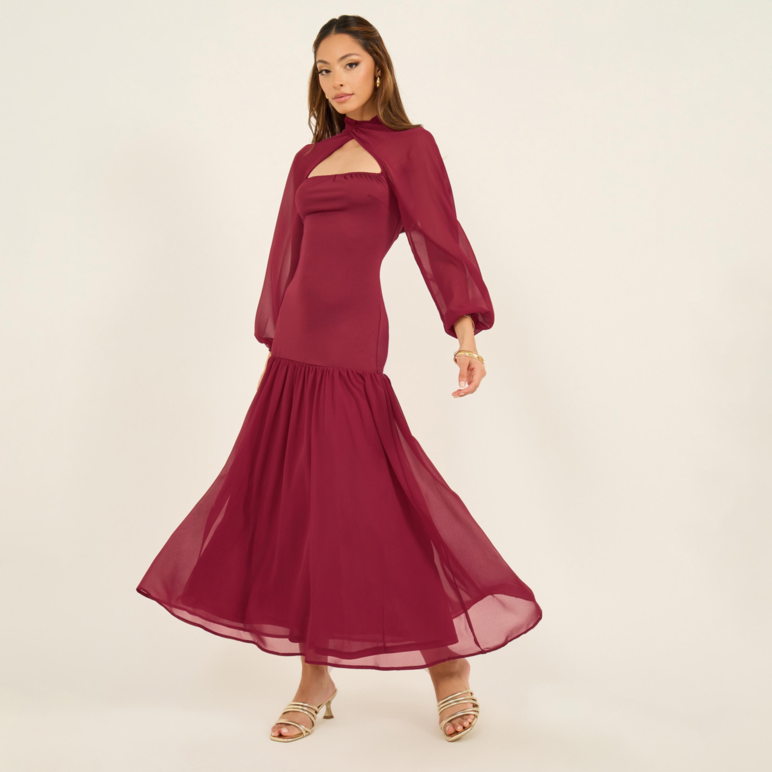 Styli Solid Cape Sleeves Ruffled Hem Maxi Dress-women-clothing-dresses-image-1