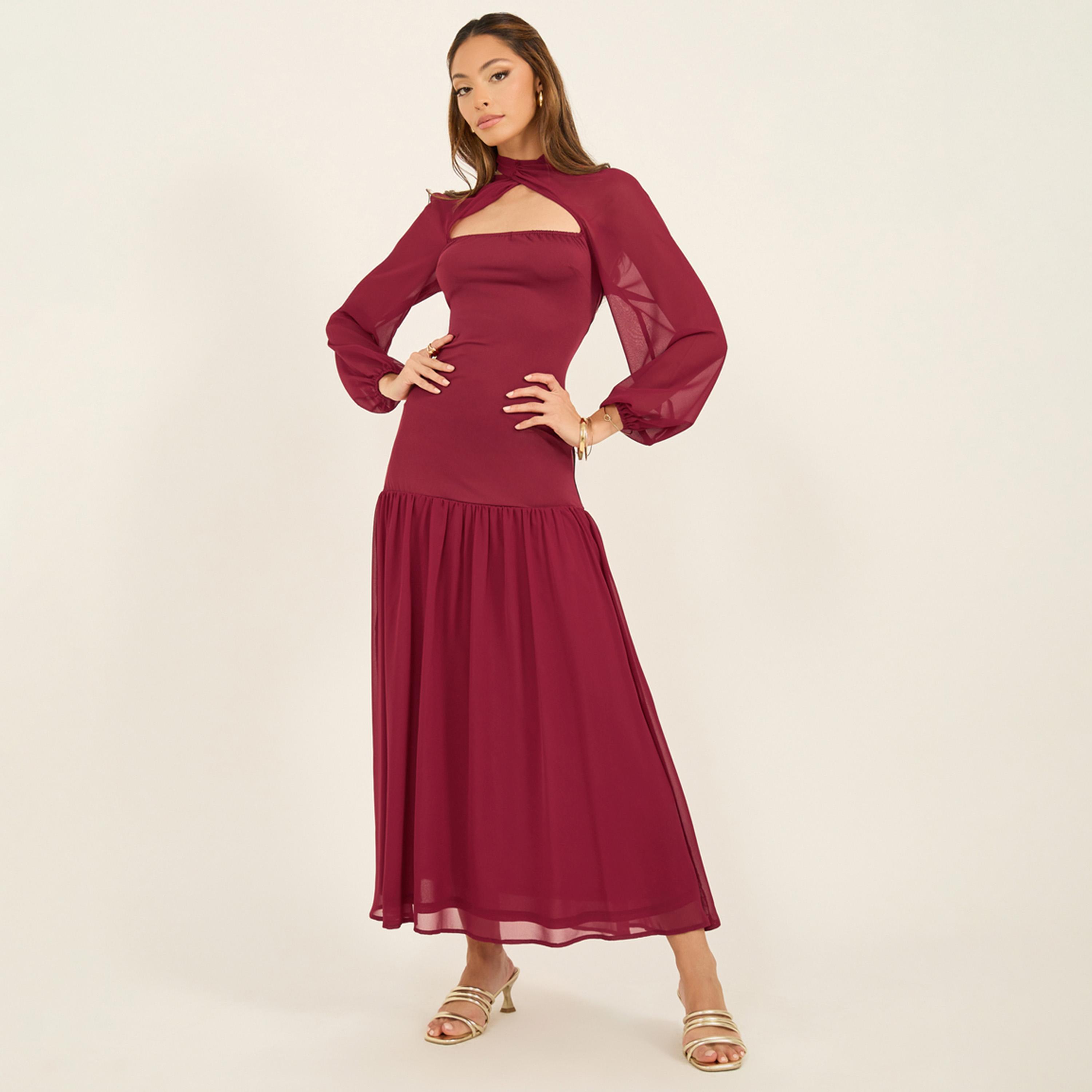 Styli Solid Cape Sleeves Ruffled Hem Maxi Dress-women-clothing-dresses-image-2