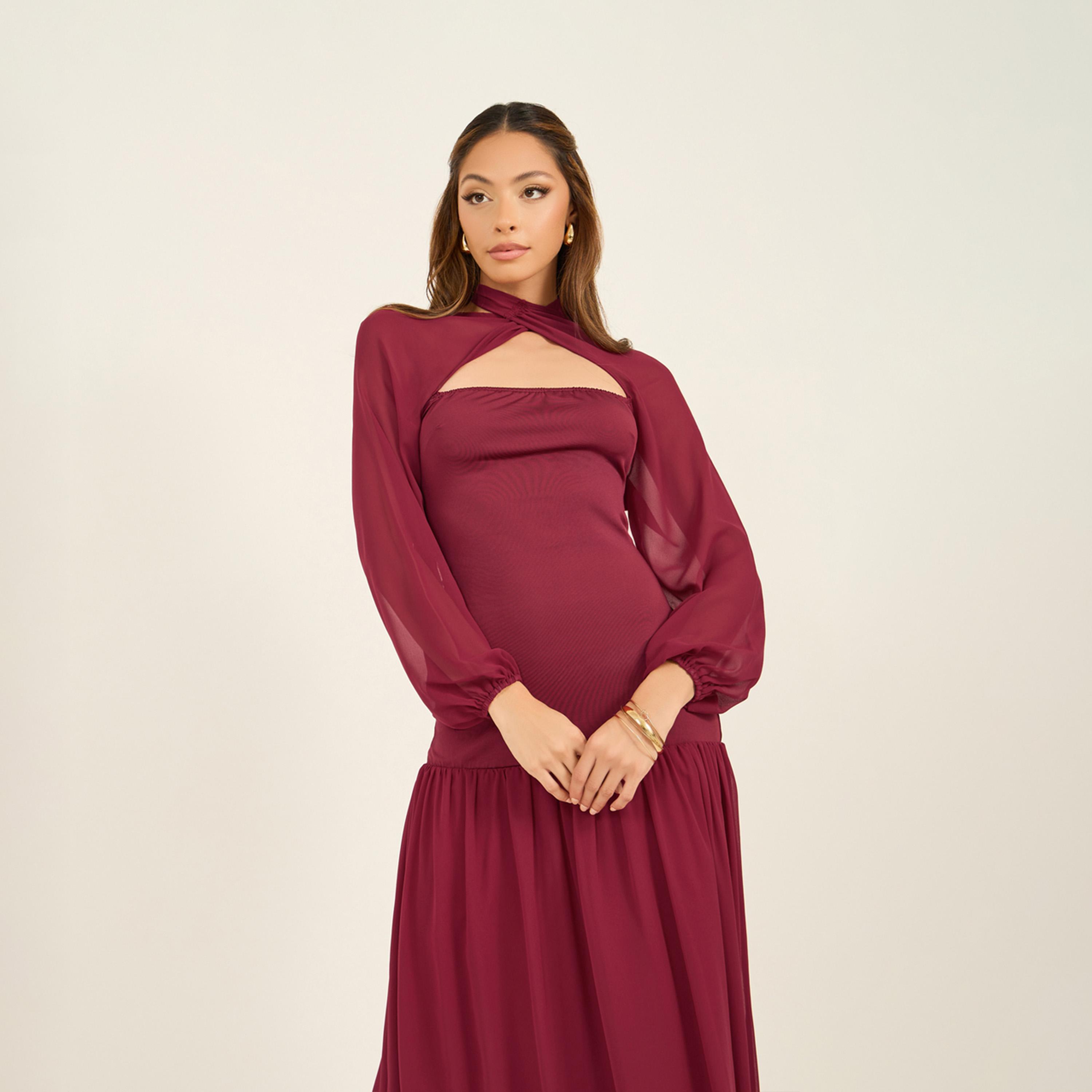 Styli Solid Cape Sleeves Ruffled Hem Maxi Dress-women-clothing-dresses-image-3