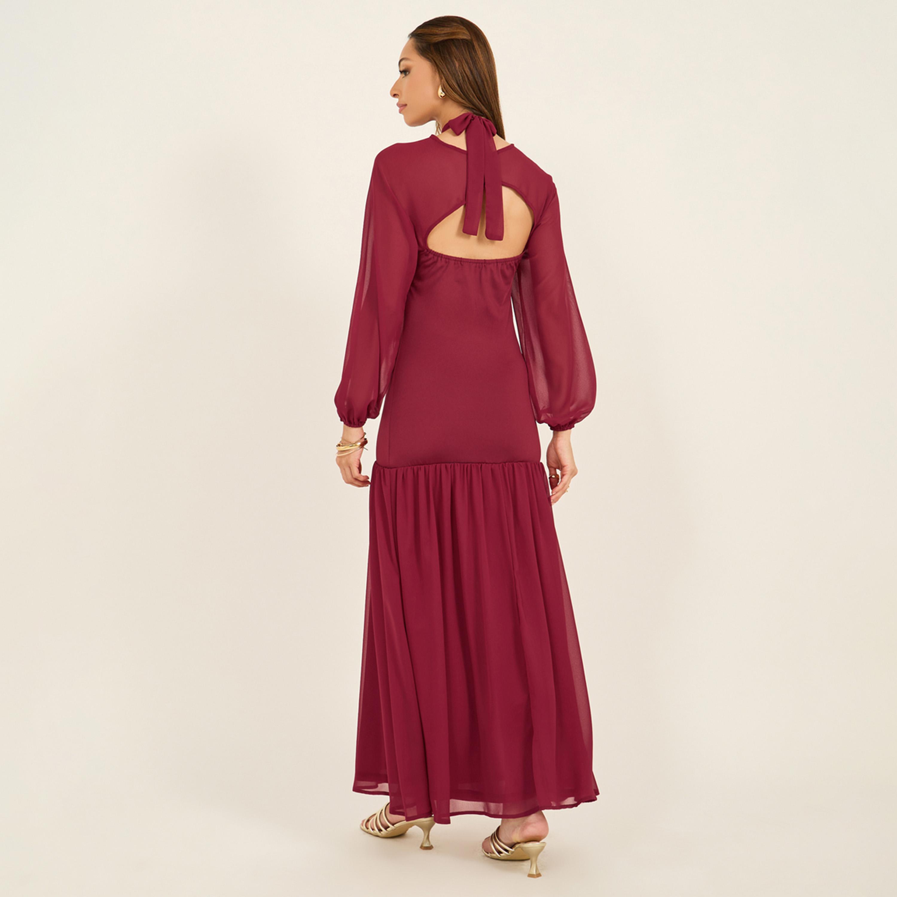 Styli Solid Cape Sleeves Ruffled Hem Maxi Dress-women-clothing-dresses-image-5