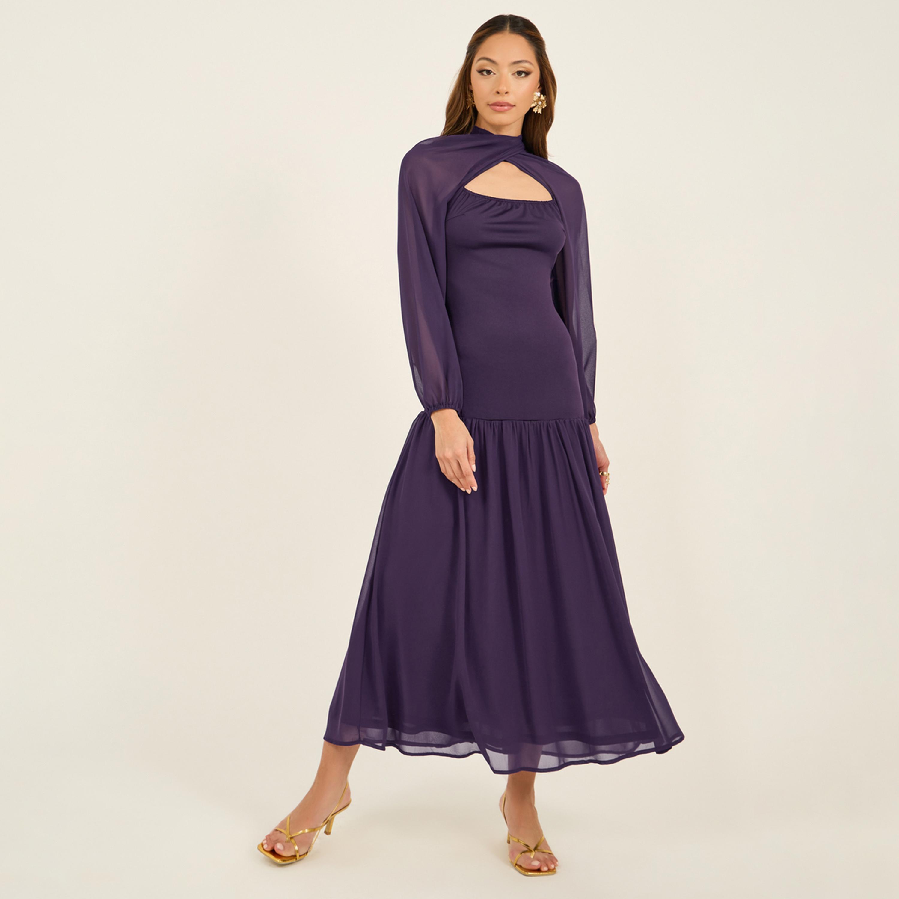 Styli Solid Cape Sleeves Ruffled Hem Maxi Dress-women-clothing-dresses-image-1