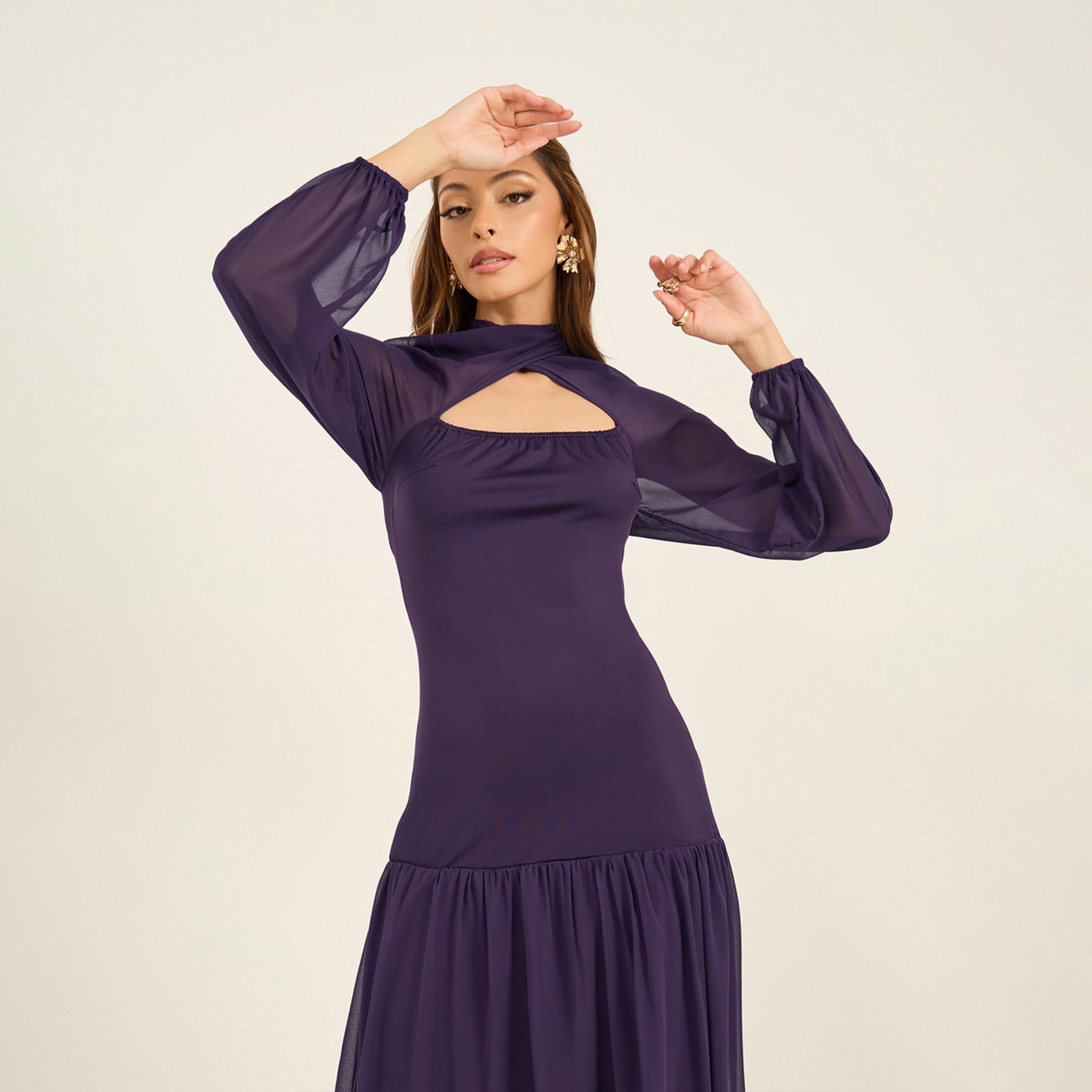 Styli Solid Cape Sleeves Ruffled Hem Maxi Dress-women-clothing-dresses-image-4