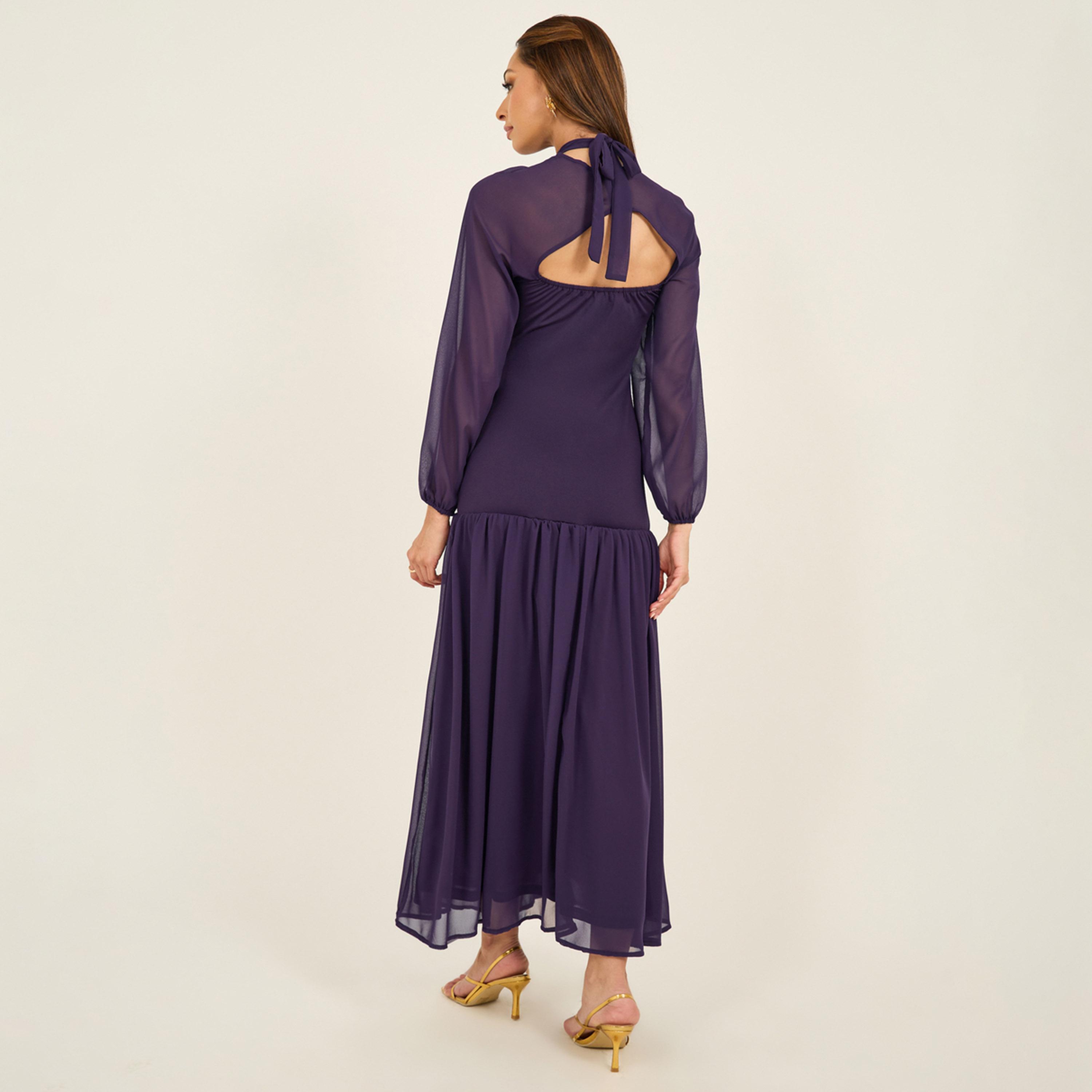 Styli Solid Cape Sleeves Ruffled Hem Maxi Dress-women-clothing-dresses-image-6