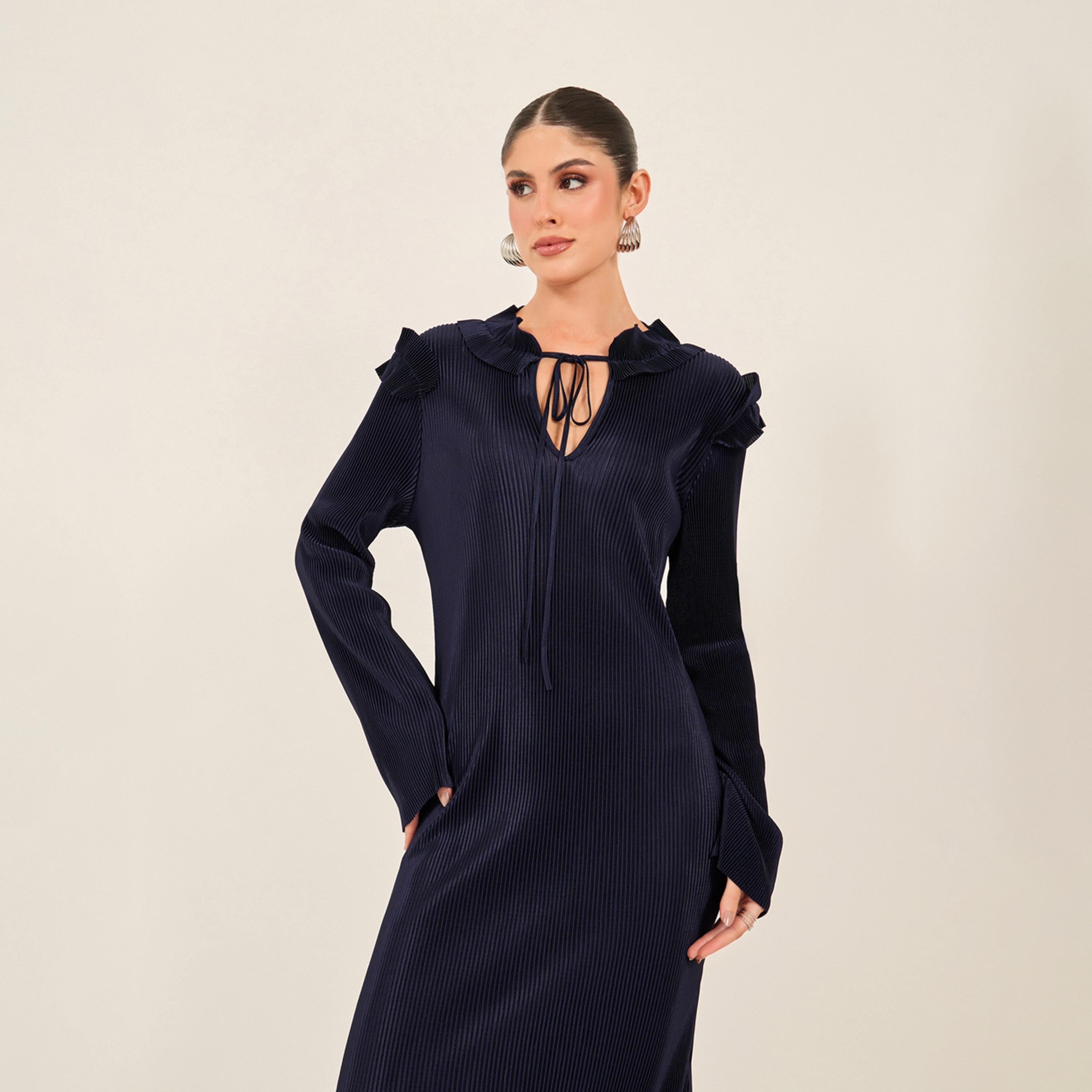 ستايلي - فستان ماكسي بتصميم منقوش برباط حول الرقبة-women-clothing-dresses-image-3