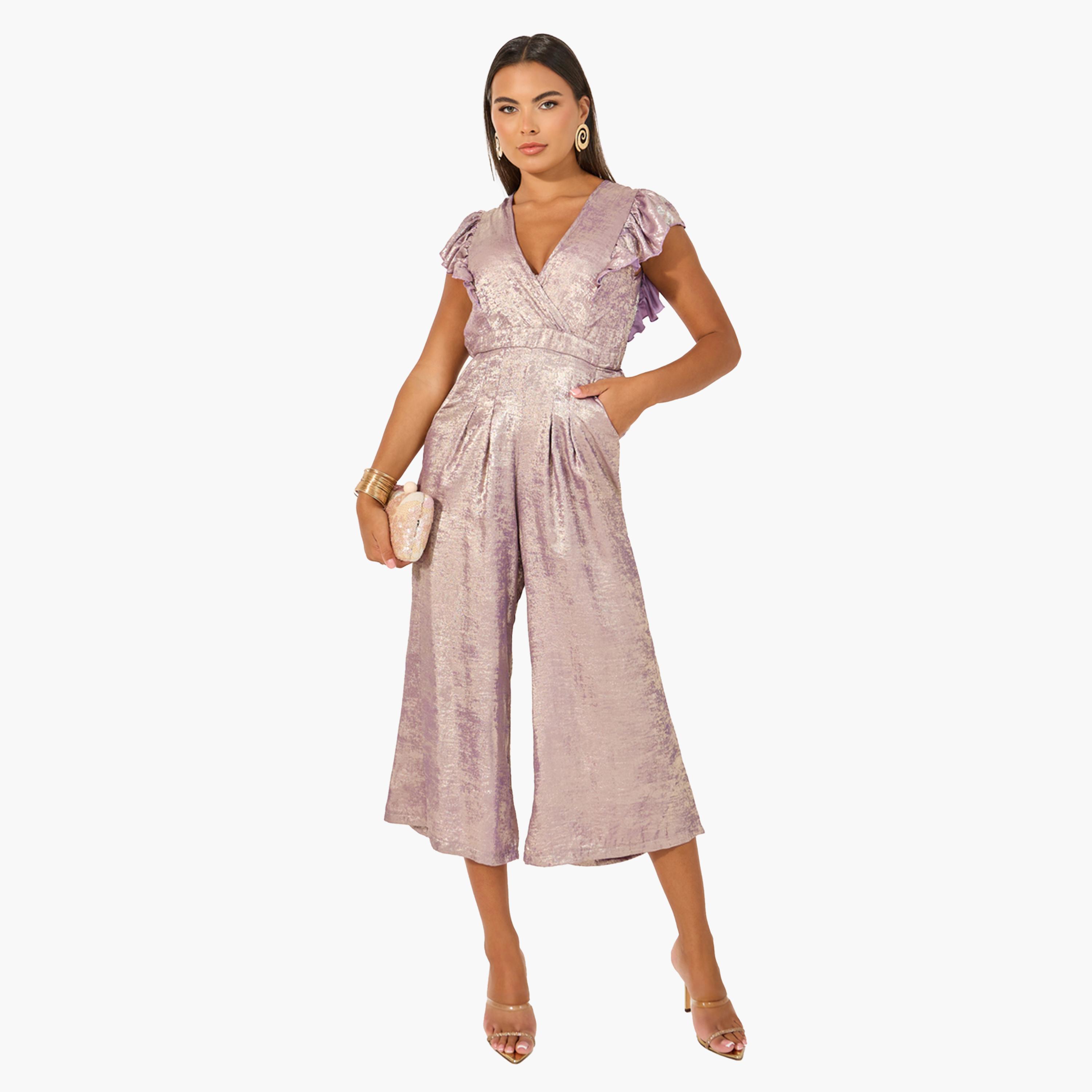 Styli Shimmer Ruffle Sleeves Wide Leg Jumpsuit-women-clothing-jumpsuits-image-1