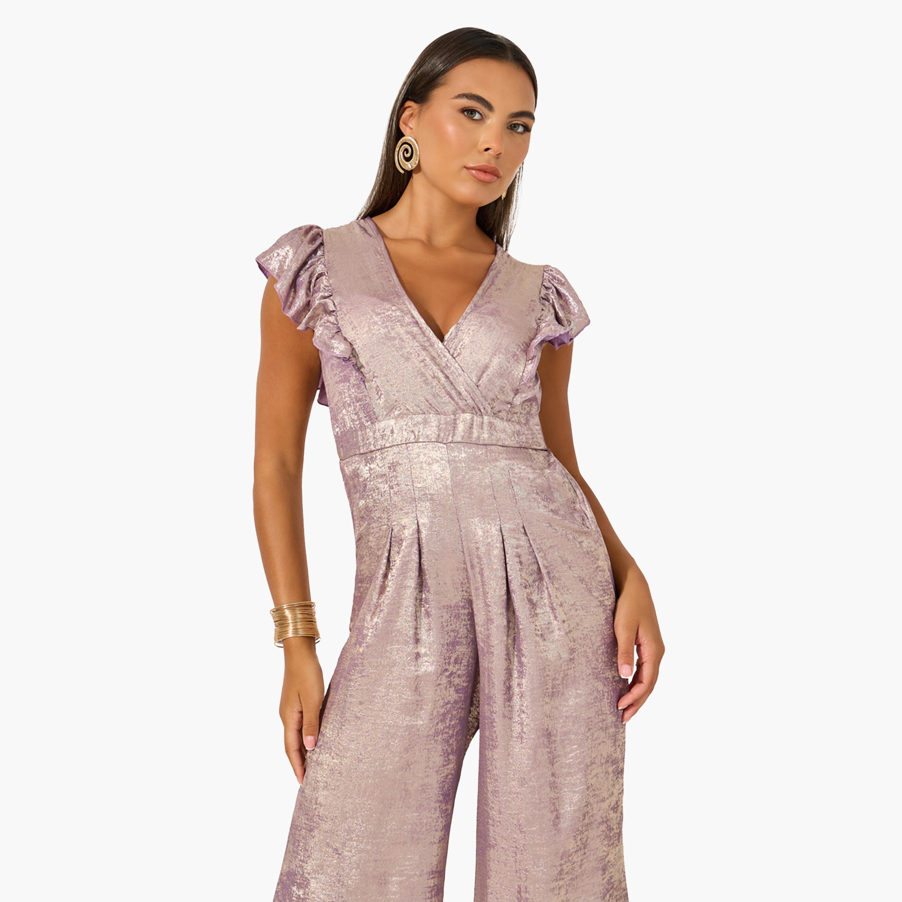 Styli Shimmer Ruffle Sleeves Wide Leg Jumpsuit-women-clothing-jumpsuits-image-2