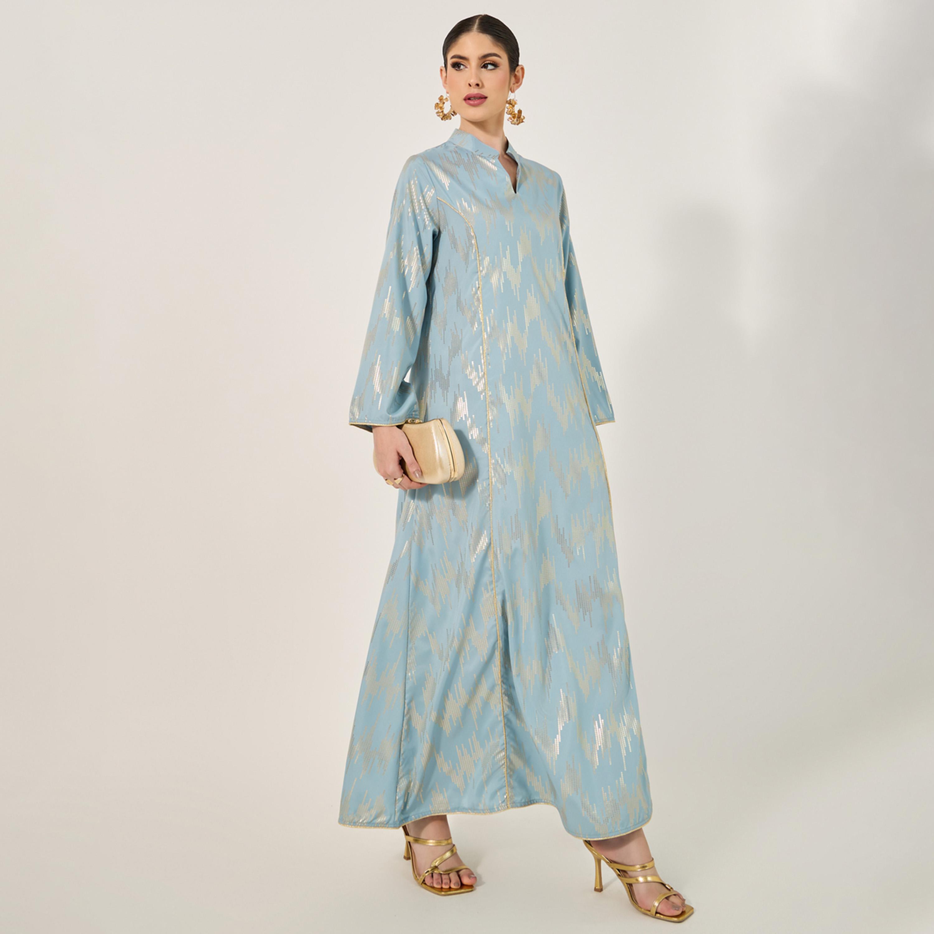 Styli Geometric Pattern Foil Print Jalabiya W/ Stand Collar-women-arabicclothing-jalabiyas-image-1