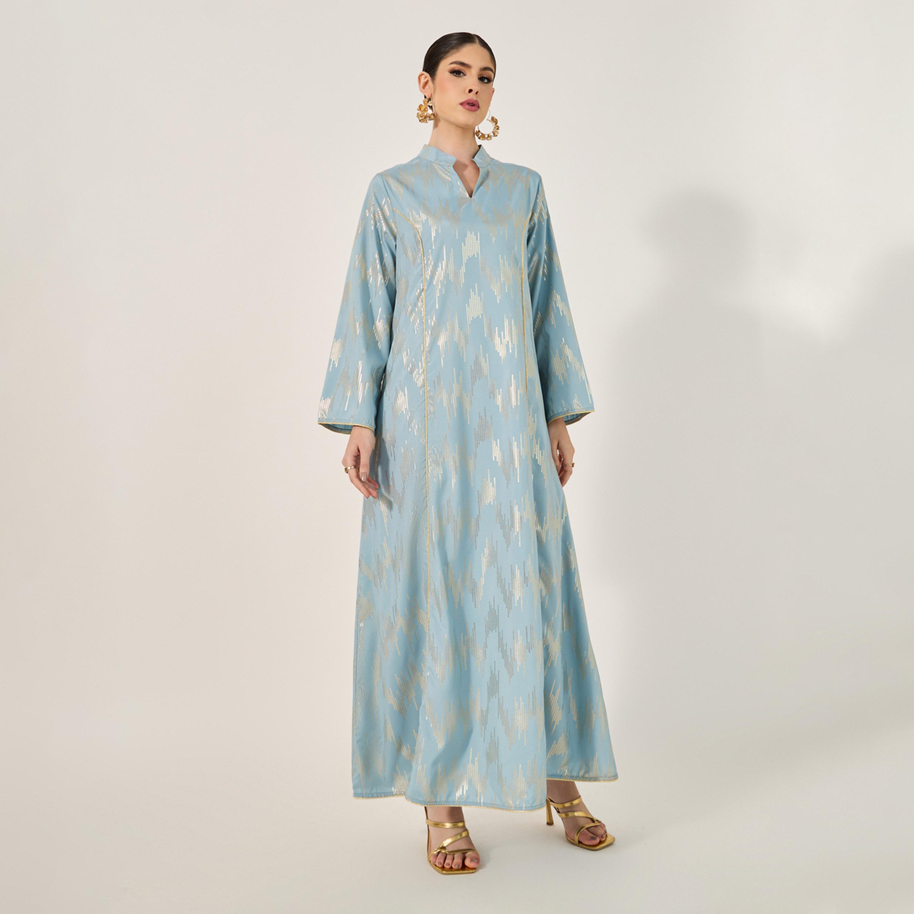 Styli Geometric Pattern Foil Print Jalabiya W/ Stand Collar-women-arabicclothing-jalabiyas-image-2