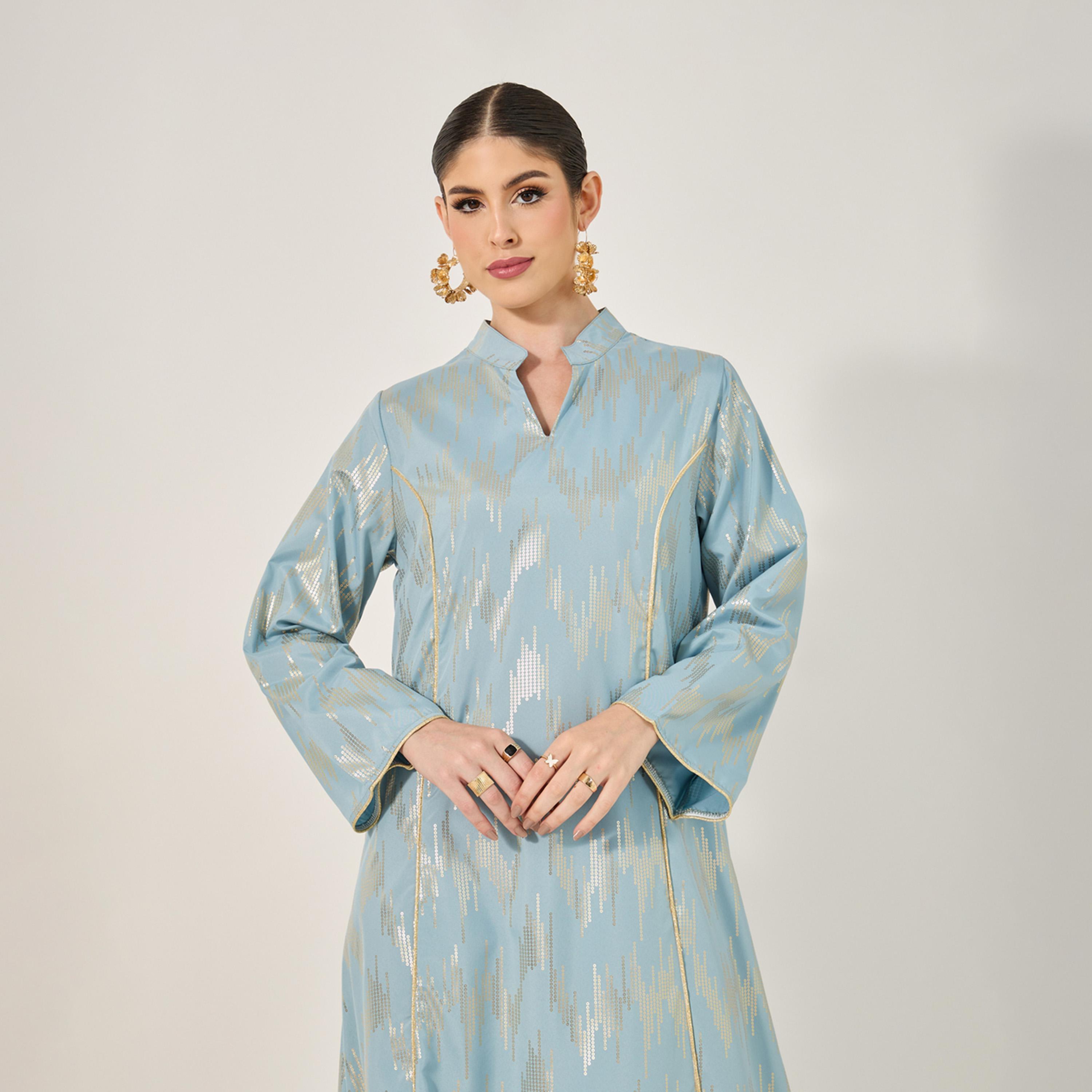 Styli Geometric Pattern Foil Print Jalabiya W/ Stand Collar-women-arabicclothing-jalabiyas-image-3