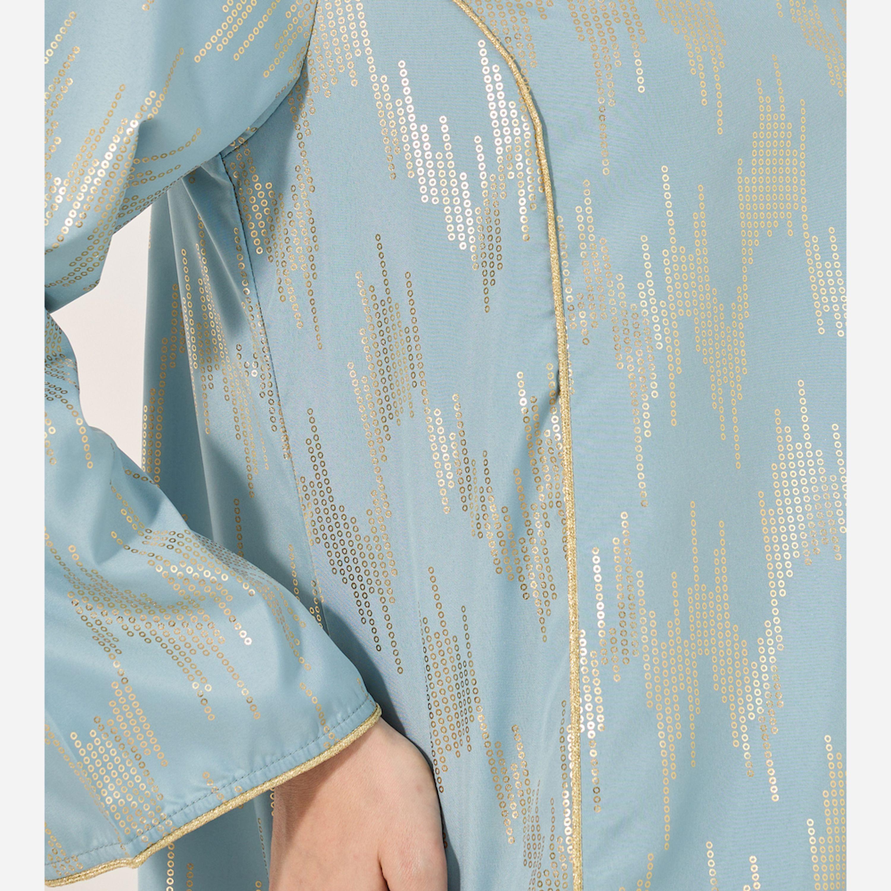Styli Geometric Pattern Foil Print Jalabiya W/ Stand Collar-women-arabicclothing-jalabiyas-image-4