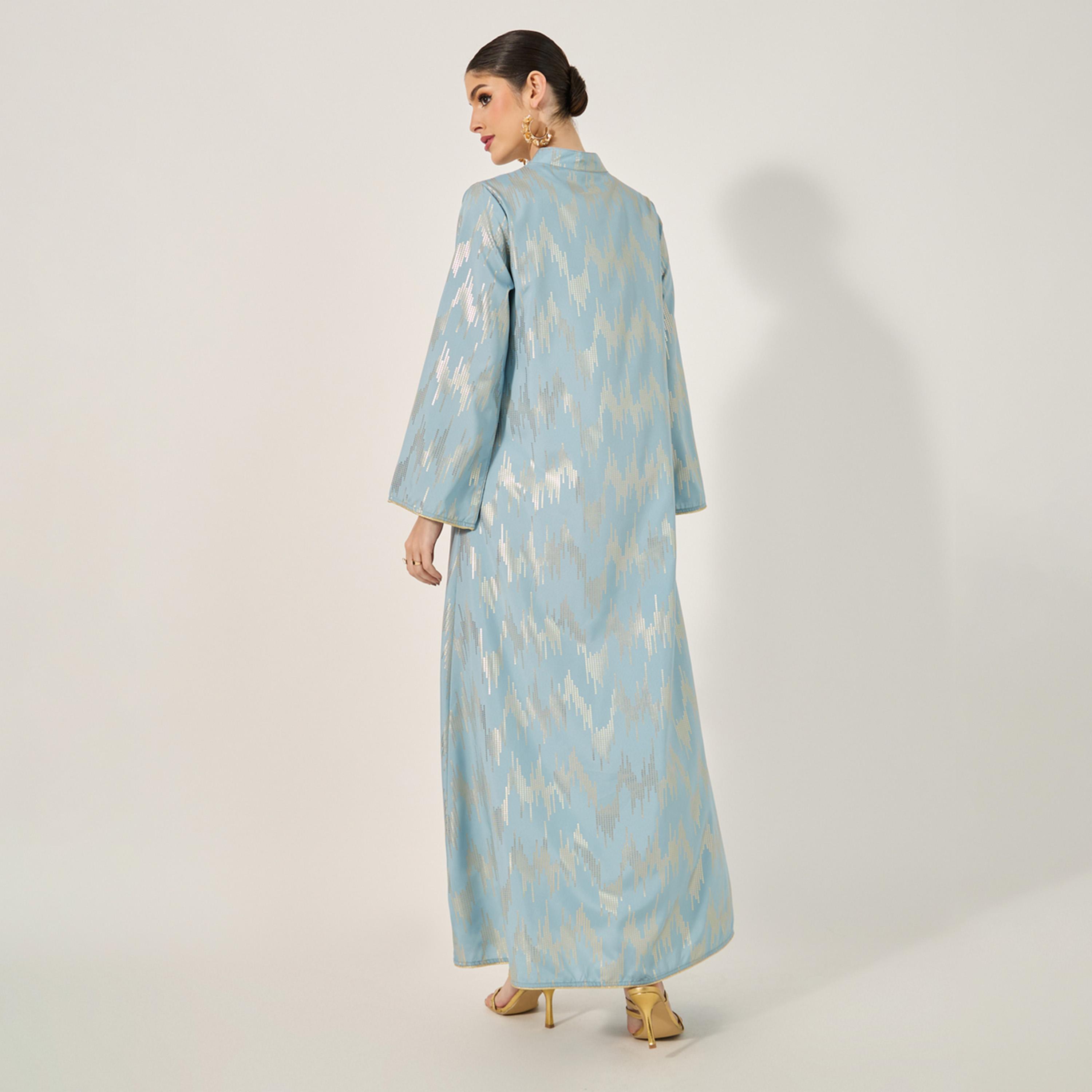 Styli Geometric Pattern Foil Print Jalabiya W/ Stand Collar-women-arabicclothing-jalabiyas-image-5