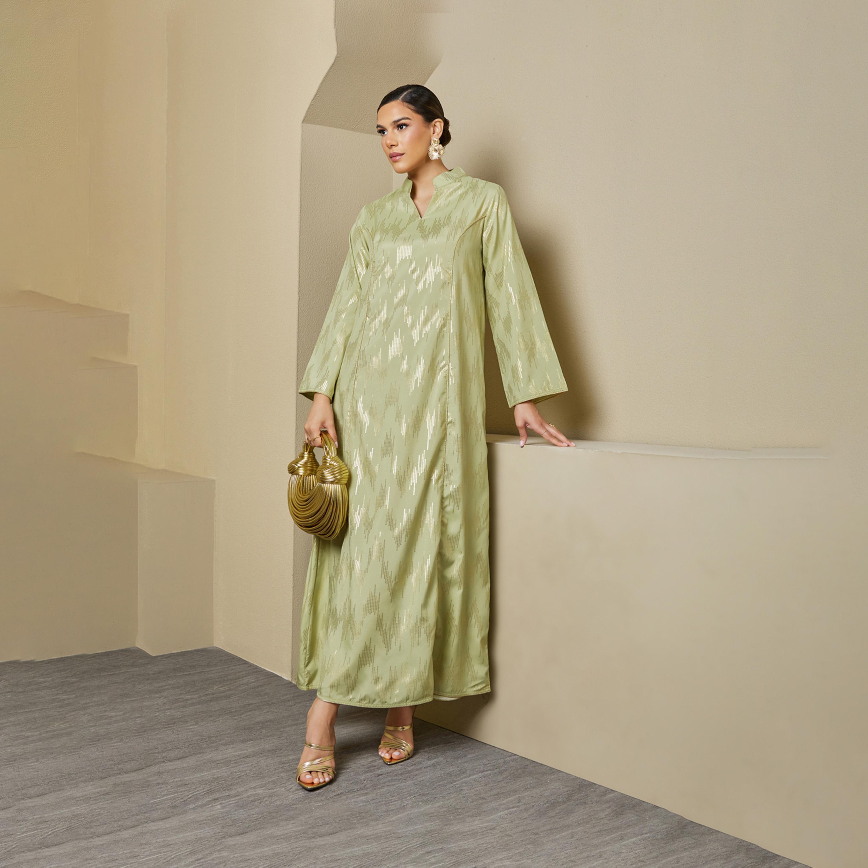 Styli Foil Pattern Print A-Line Jalabiya with Stand Collar-women-arabicclothing-jalabiyas-image-2