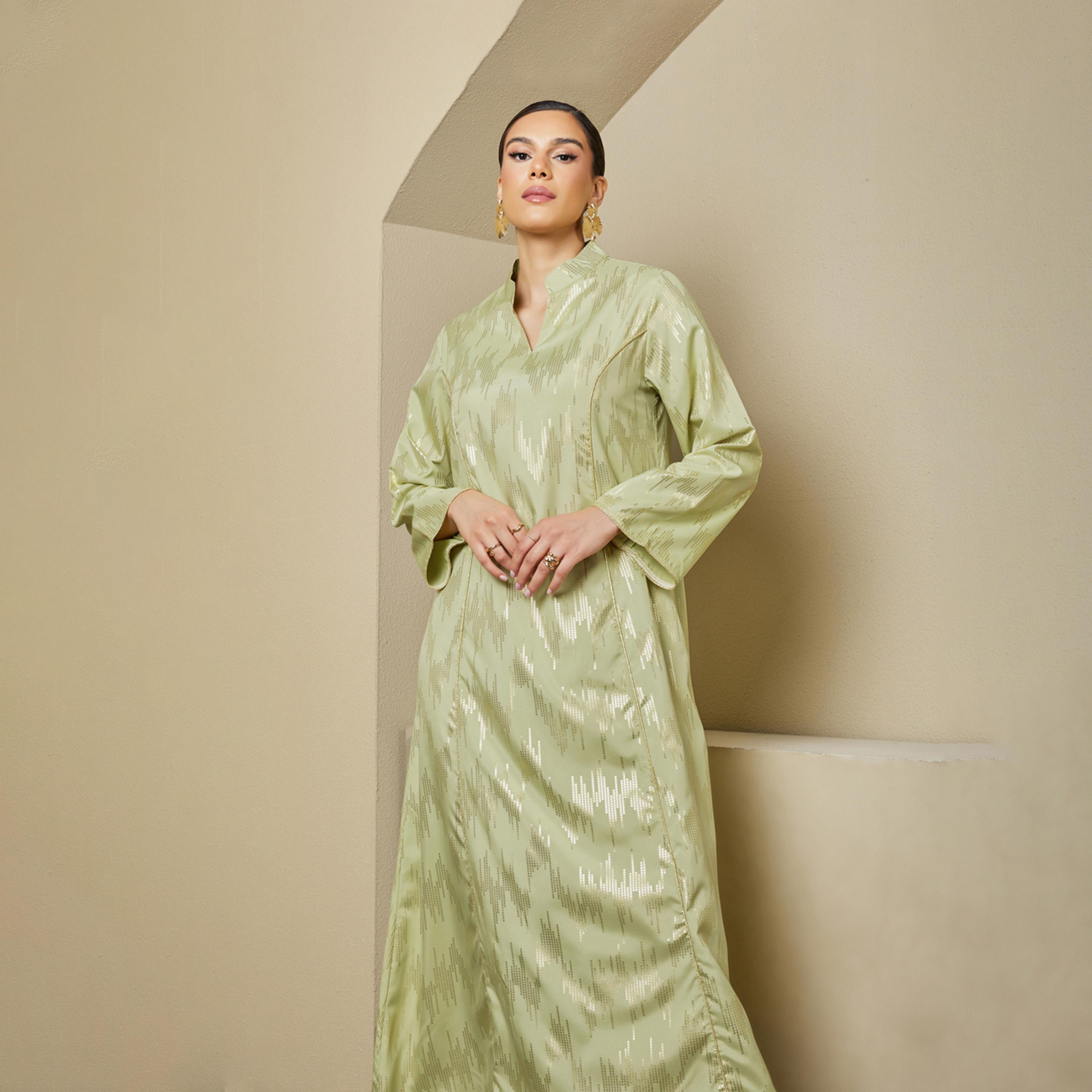 Styli Foil Pattern Print A-Line Jalabiya with Stand Collar-women-arabicclothing-jalabiyas-image-4