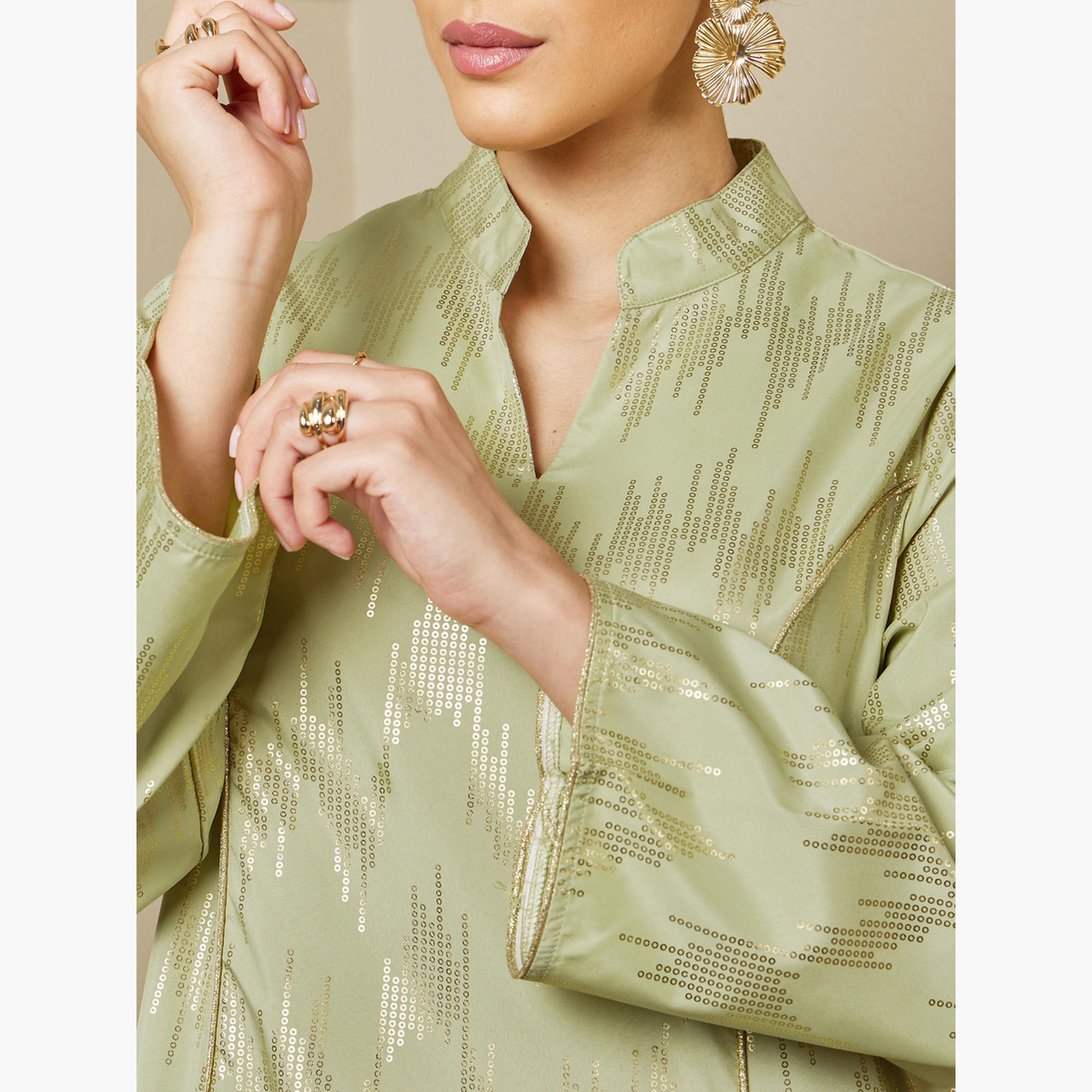 Styli Foil Pattern Print A-Line Jalabiya with Stand Collar-women-arabicclothing-jalabiyas-image-6