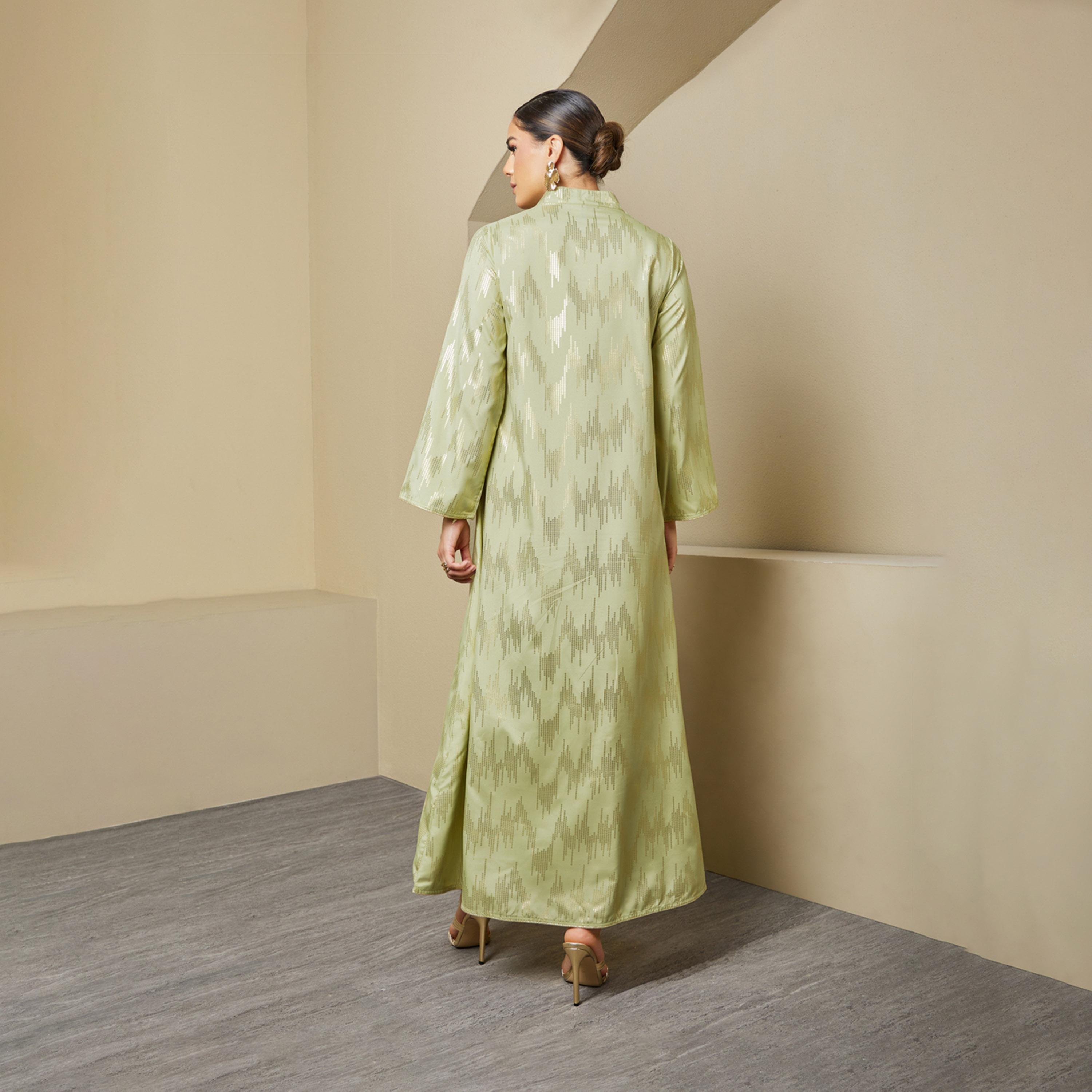 Styli Foil Pattern Print A-Line Jalabiya with Stand Collar-women-arabicclothing-jalabiyas-image-7