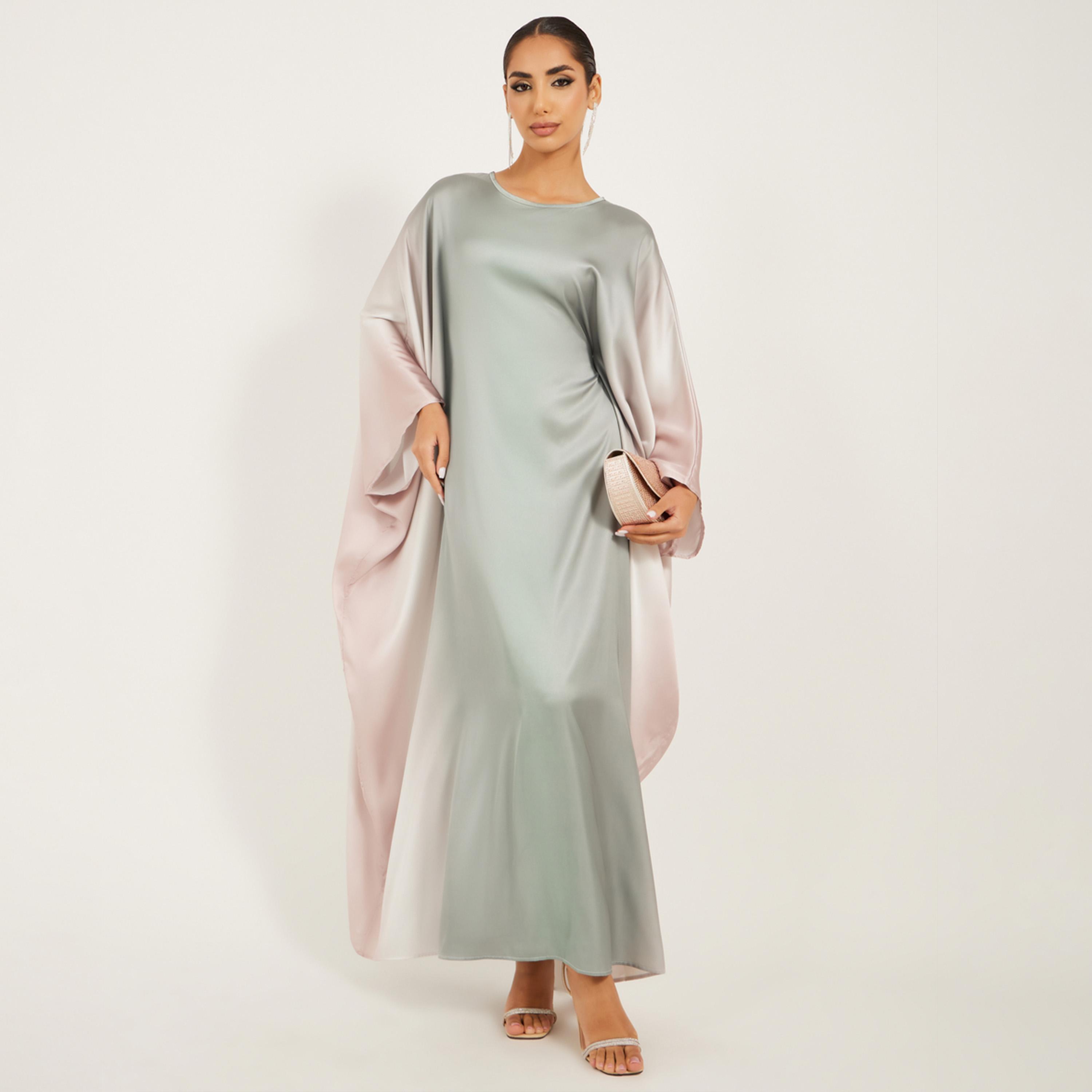 ستايلي - قفطان فضفاض من قماش الساتان بطبعات أومبري-women-arabicclothing-kaftan-image-1