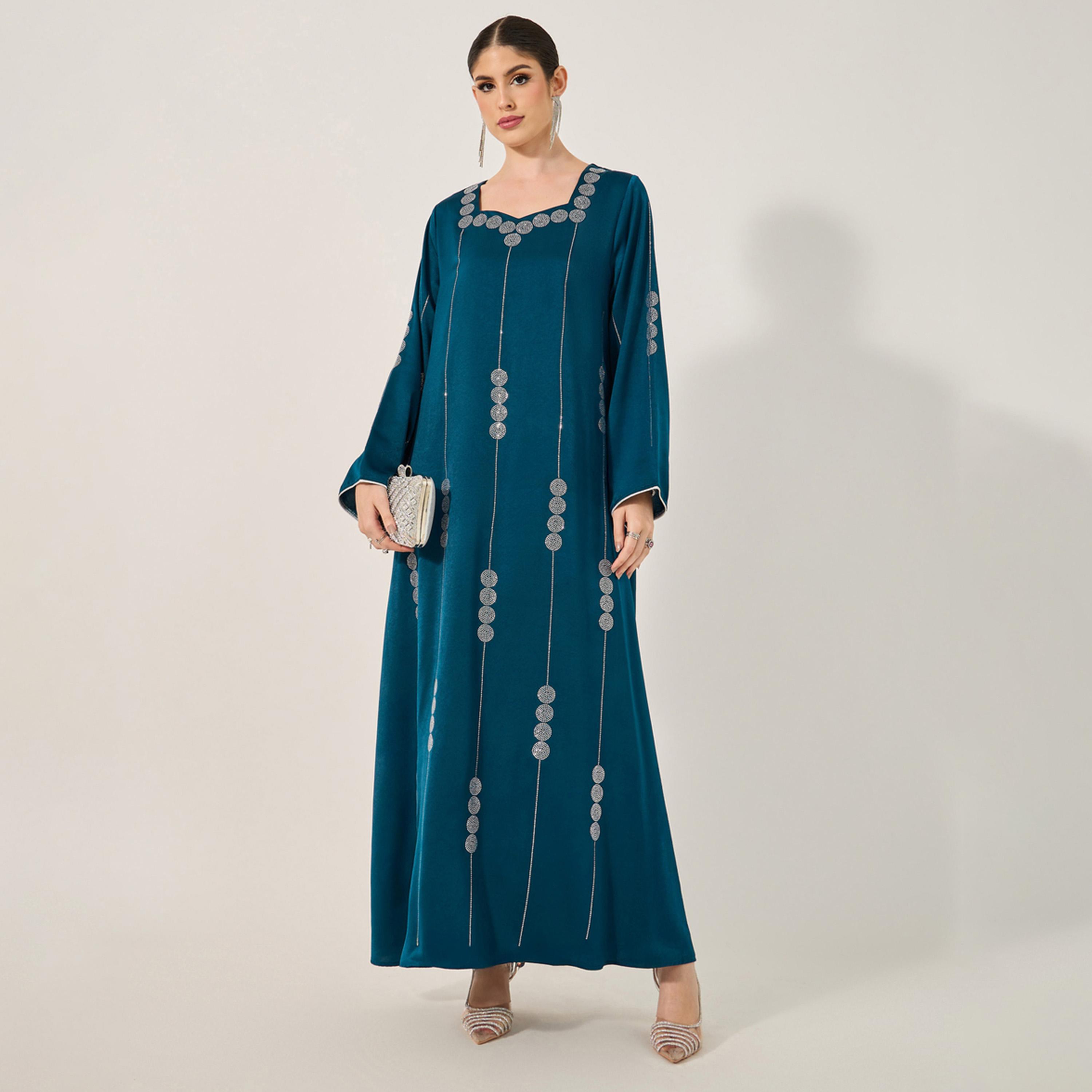 Styli Matte Satin Jalabiya With Rhinestone Pattern Embellishment-women-arabicclothing-jalabiyas-image-1