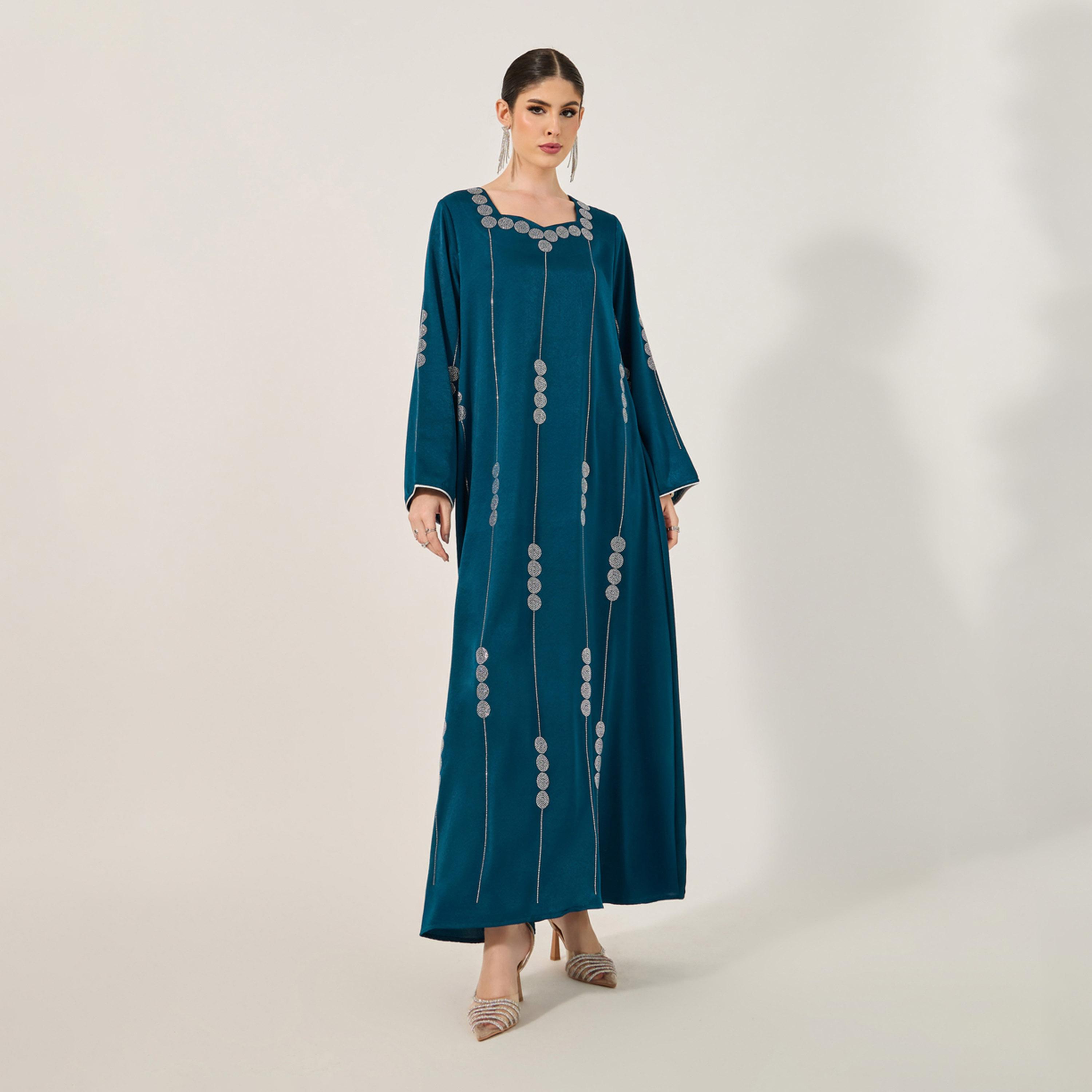 ستايلي - جلابية ساتان غير لامعة مزينة بنمط أحجار الراين-women-arabicclothing-jalabiyas-image-2