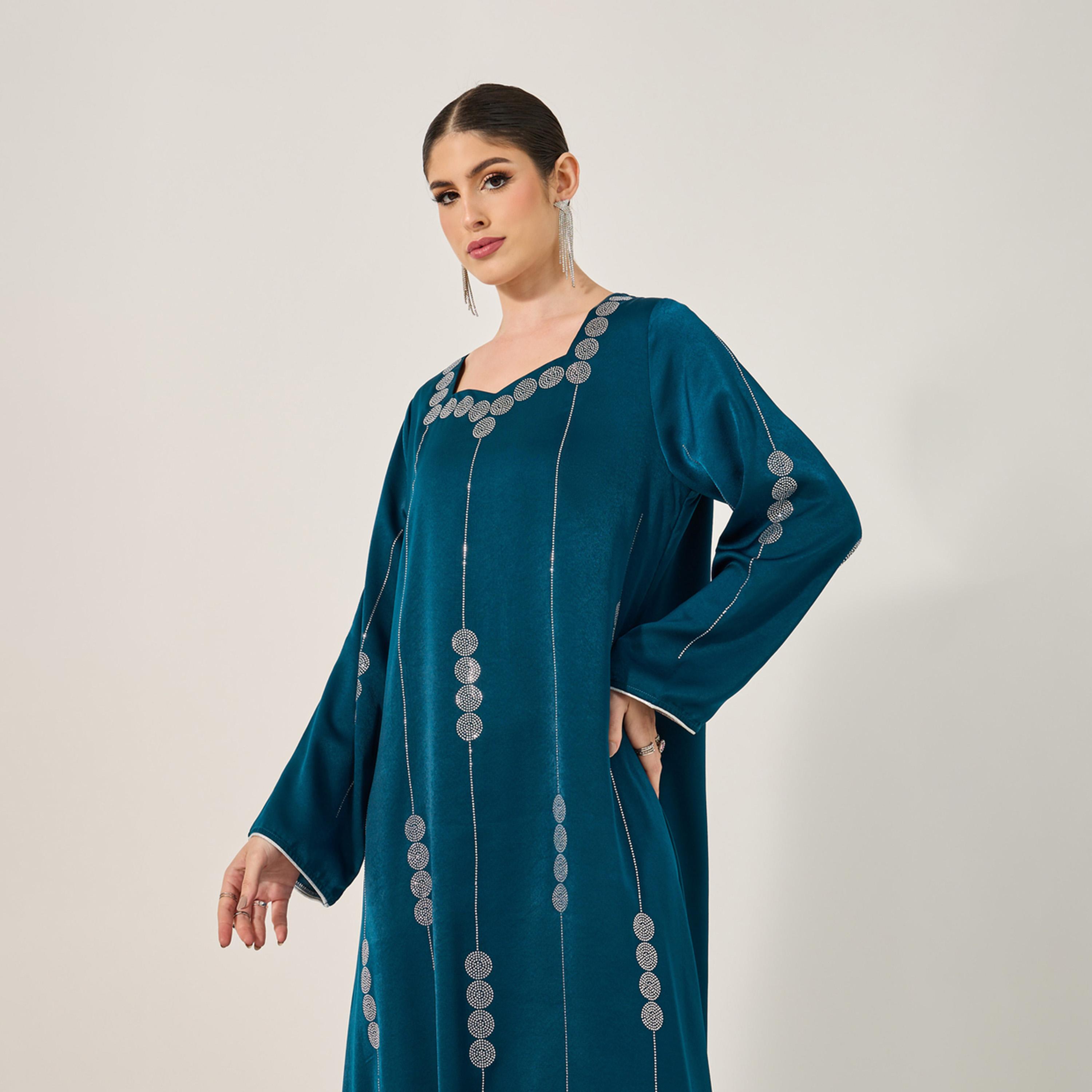 Styli Matte Satin Jalabiya With Rhinestone Pattern Embellishment-women-arabicclothing-jalabiyas-image-3