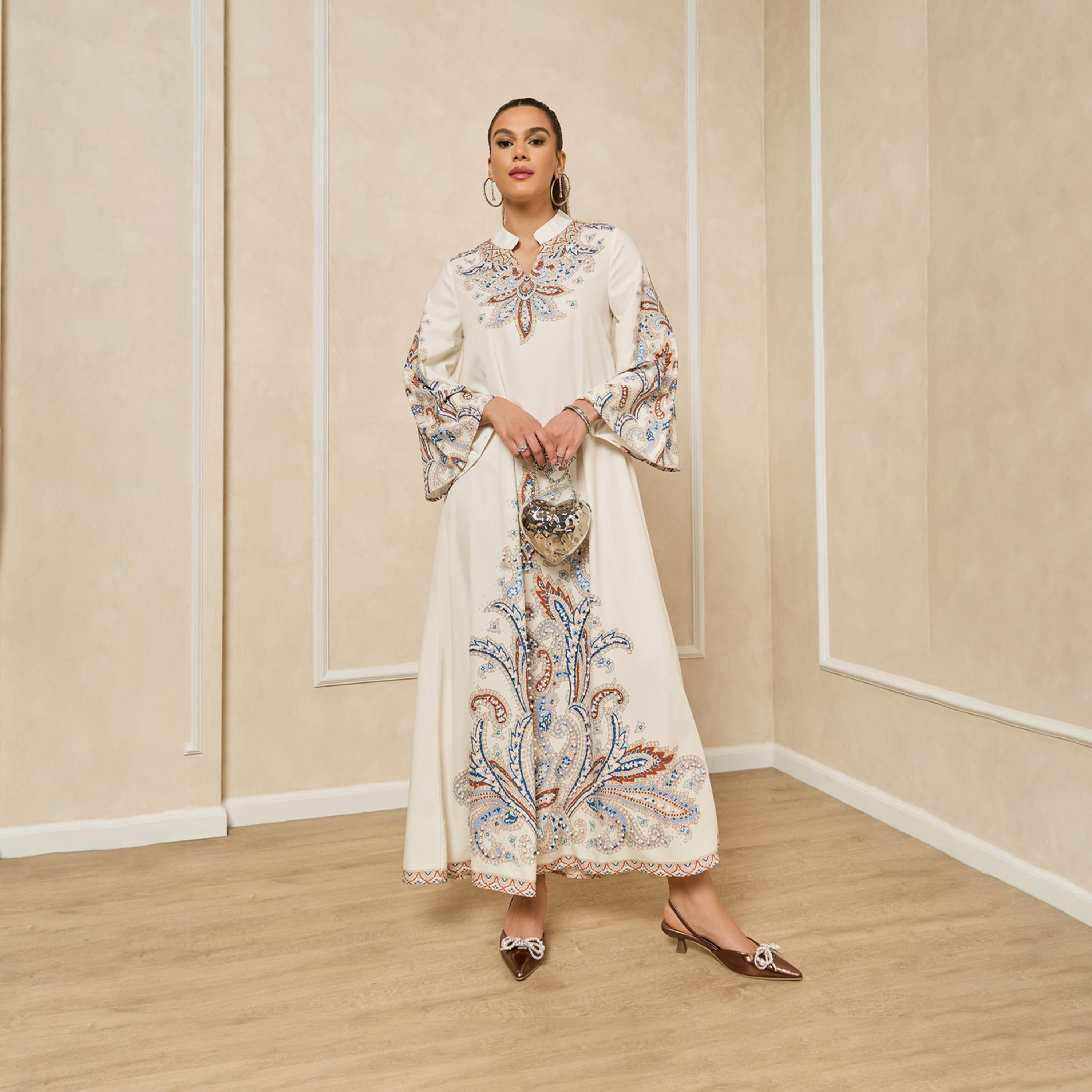 Styli Printed Stand Collar A-Line Jalabiya With Pearl Embellishment-women-arabicclothing-jalabiyas-image-1